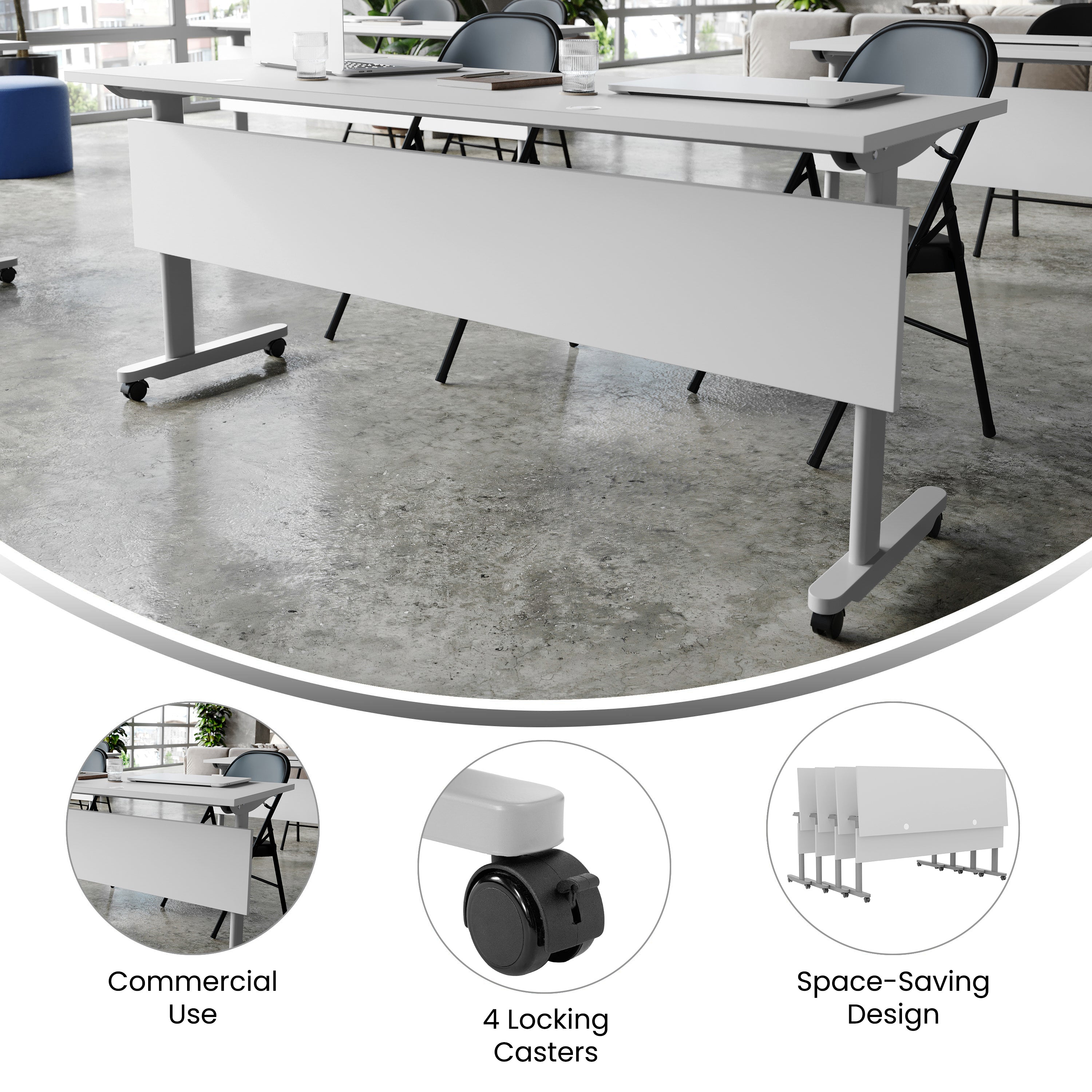 Palmer Commercial Grade 72" x 24" Heavy-Duty Nesting Flip Training Table with T-Legs, Modesty Panel, 1" Thick Gray Tabletop, and Gray Steel Frame