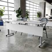 Palmer Commercial Grade 72" x 24" Heavy-Duty Nesting Flip Training Table with T-Legs, Modesty Panel, 1" Thick Gray Tabletop, and Gray Steel Frame