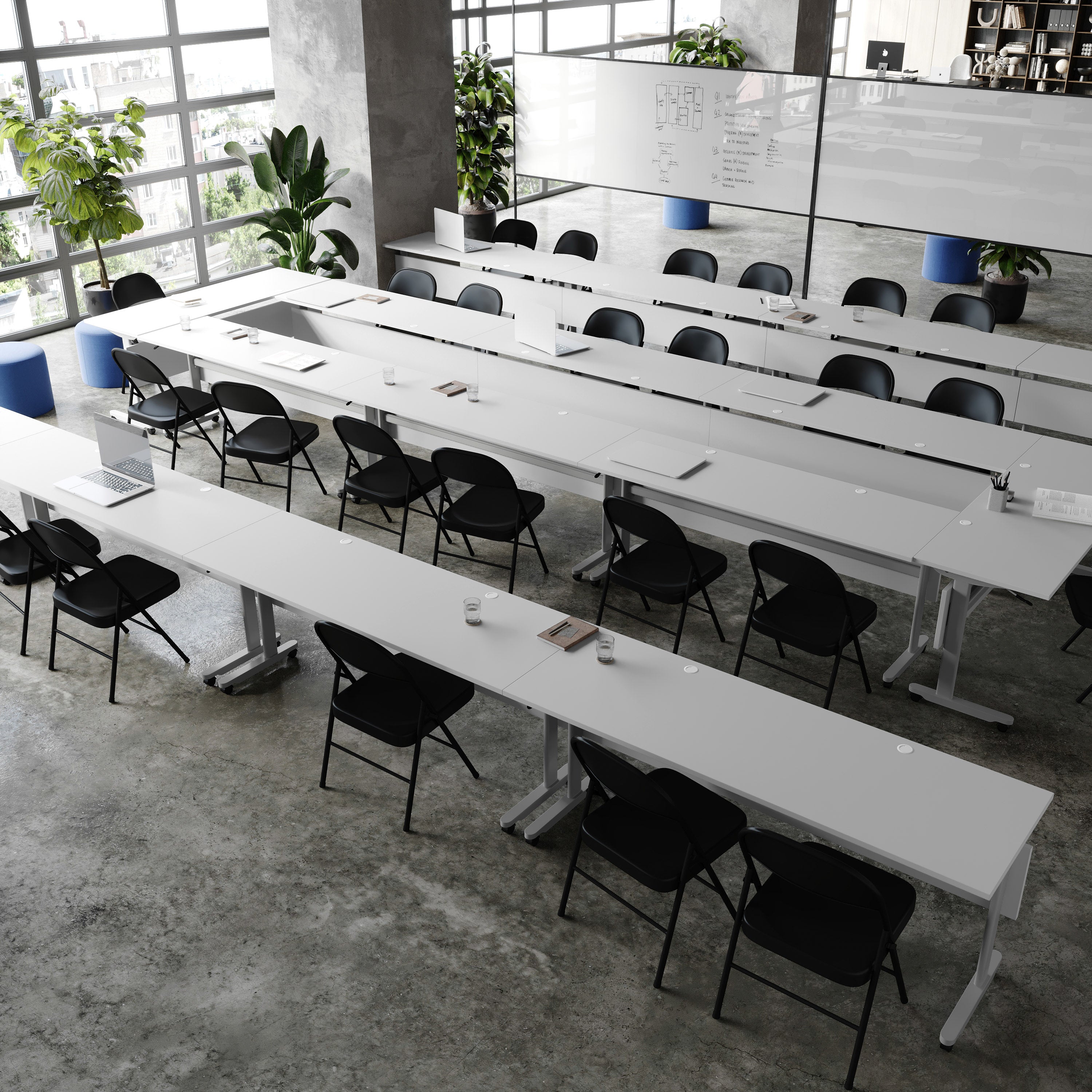 Palmer Commercial Grade 72" x 24" Heavy-Duty Nesting Flip Training Table with T-Legs, Modesty Panel, 1" Thick Gray Tabletop, and Gray Steel Frame