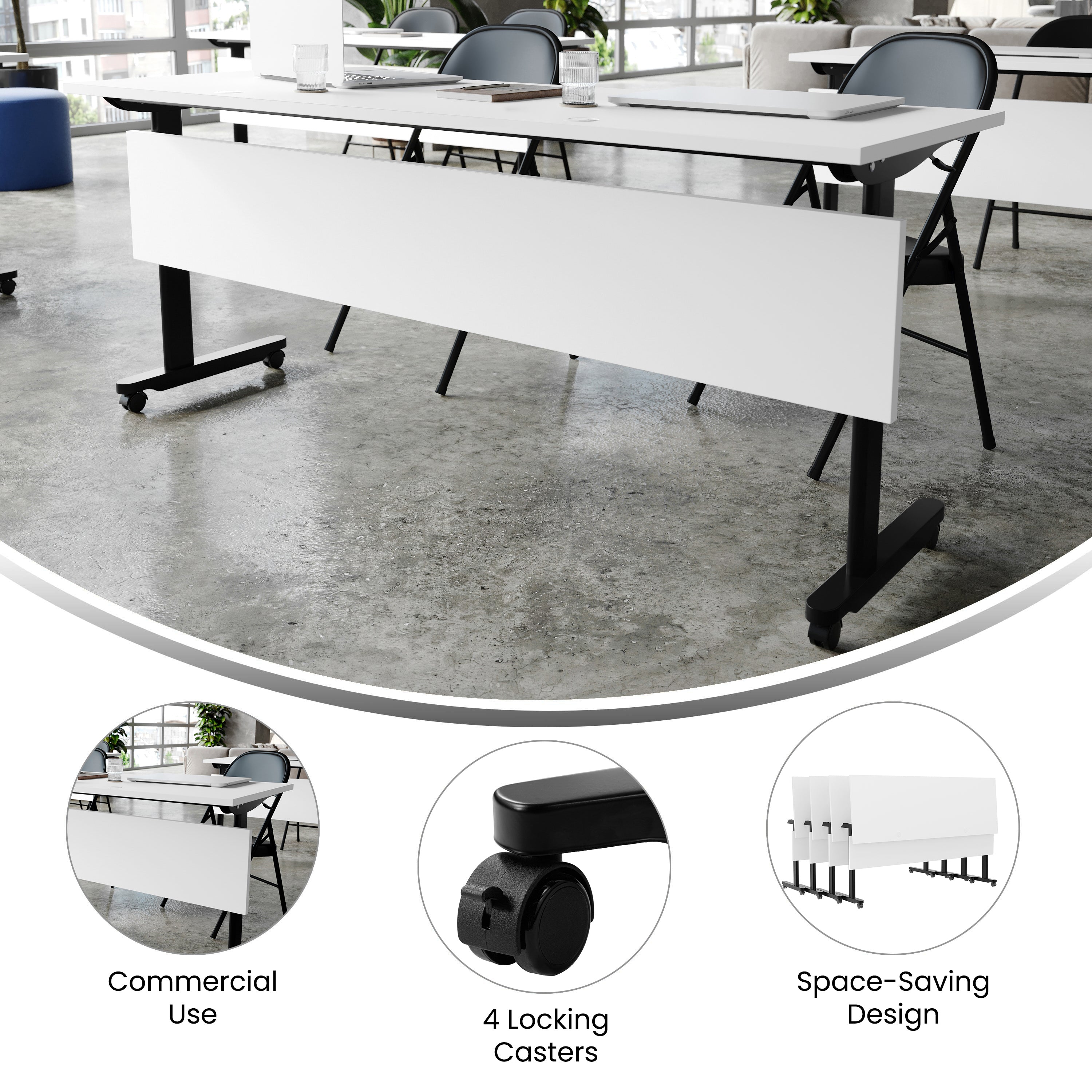 Palmer Commercial Grade 72" x 24" Heavy-Duty Nesting Flip Training Table with T-Legs, Modesty Panel, 1" Thick White Tabletop, and Black Steel Frame