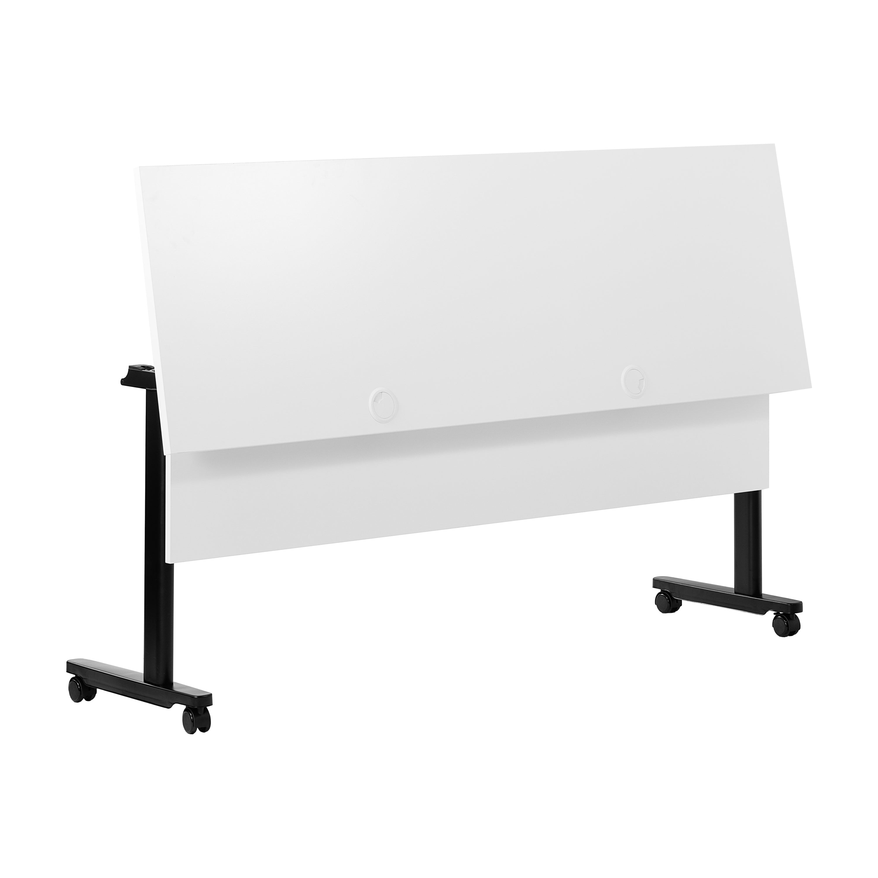 Palmer Commercial Grade 72" x 24" Heavy-Duty Nesting Flip Training Table with T-Legs, Modesty Panel, 1" Thick White Tabletop, and Black Steel Frame