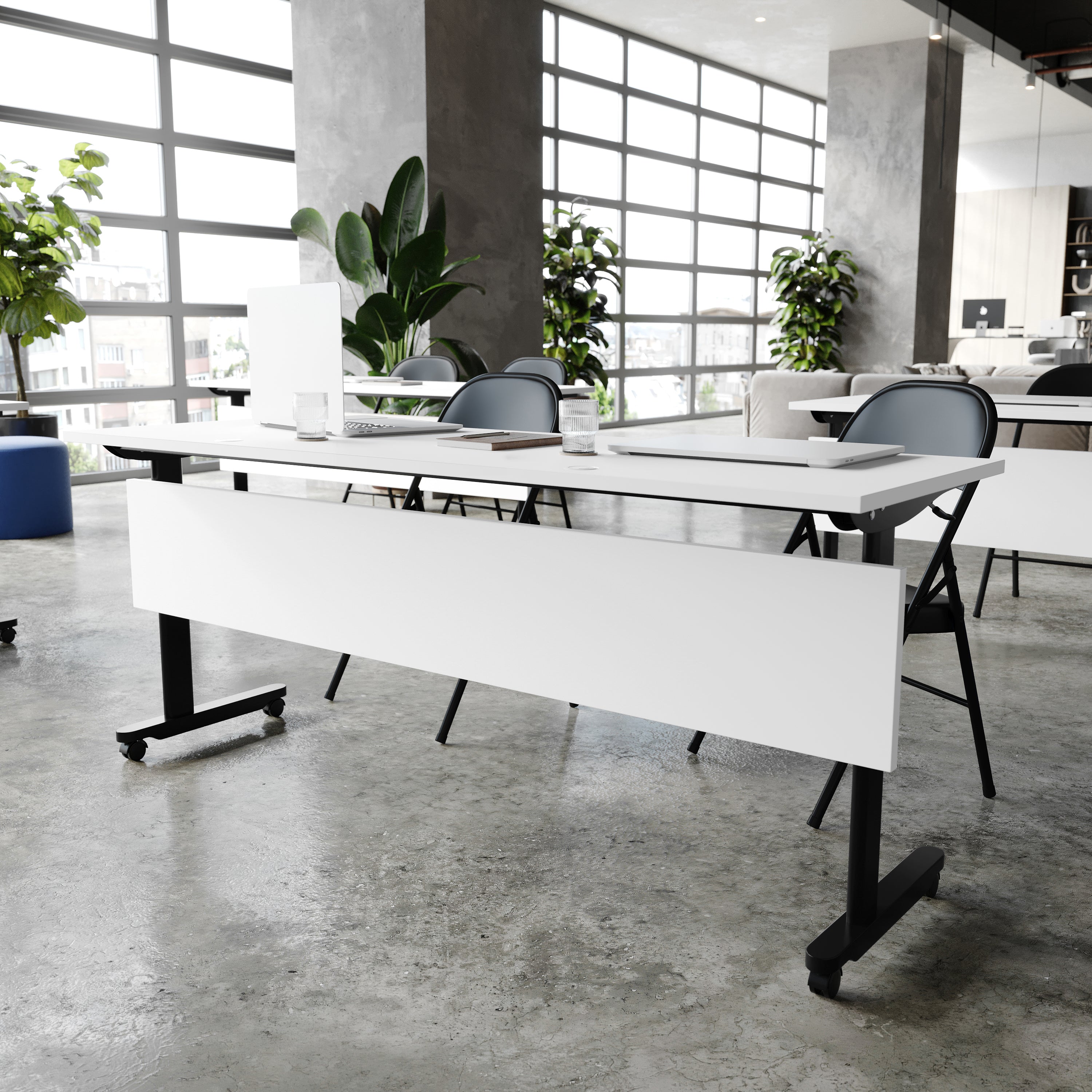 Palmer Commercial Grade 72" x 24" Heavy-Duty Nesting Flip Training Table with T-Legs, Modesty Panel, 1" Thick White Tabletop, and Black Steel Frame