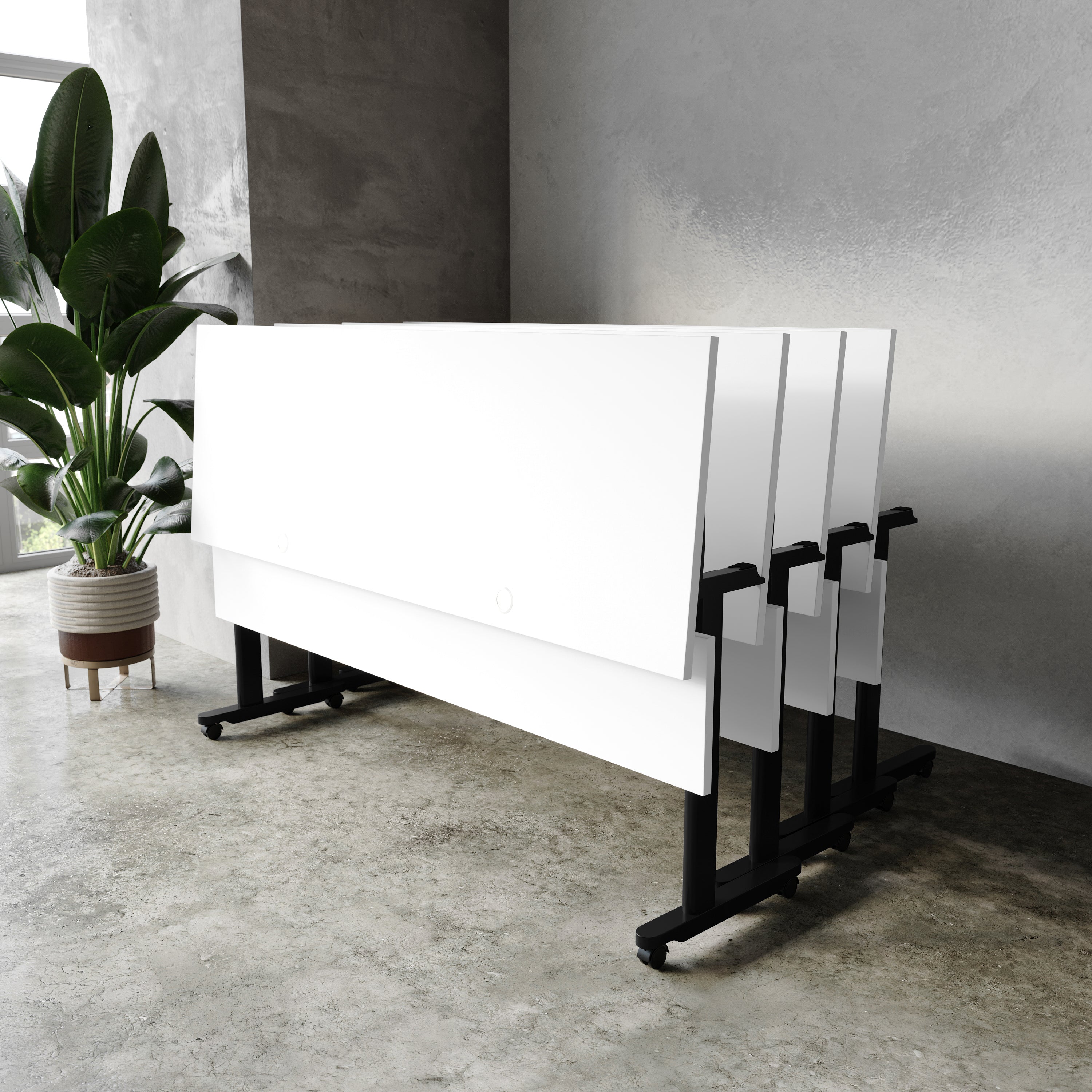 Palmer Commercial Grade 72" x 24" Heavy-Duty Nesting Flip Training Table with T-Legs, Modesty Panel, 1" Thick White Tabletop, and Black Steel Frame