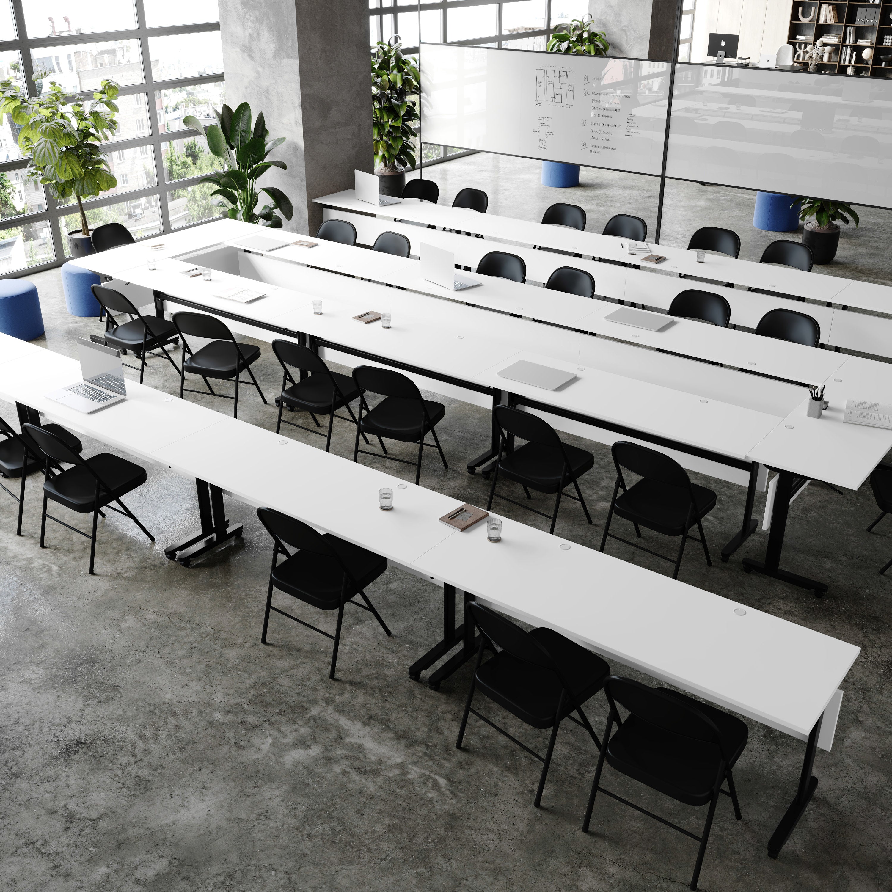 Palmer Commercial Grade 72" x 24" Heavy-Duty Nesting Flip Training Table with T-Legs, Modesty Panel, 1" Thick White Tabletop, and Black Steel Frame