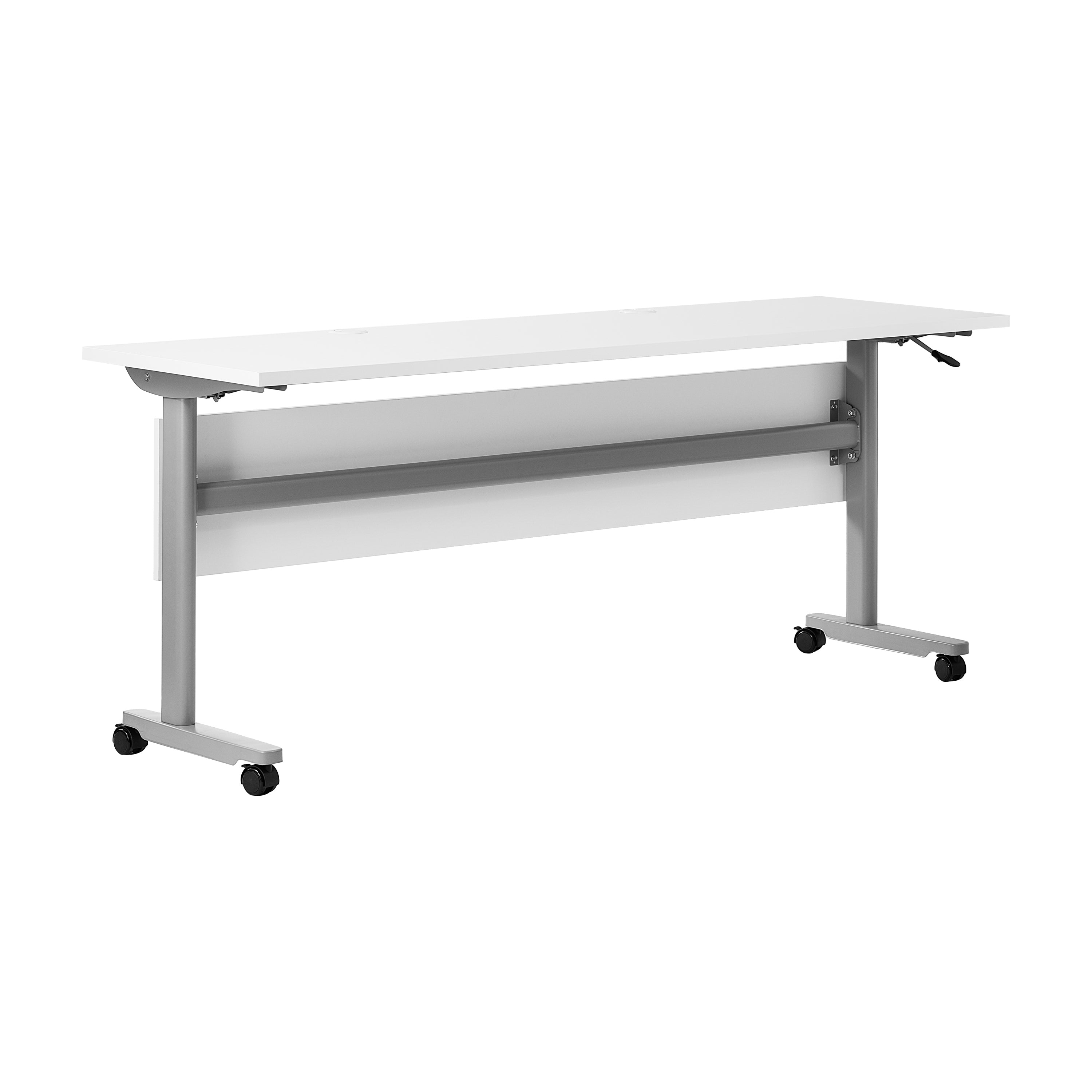 Palmer Commercial Grade 72" x 24" Heavy-Duty Nesting Flip Training Table with T-Legs, Modesty Panel, 1" Thick White Tabletop, and Gray Steel Frame