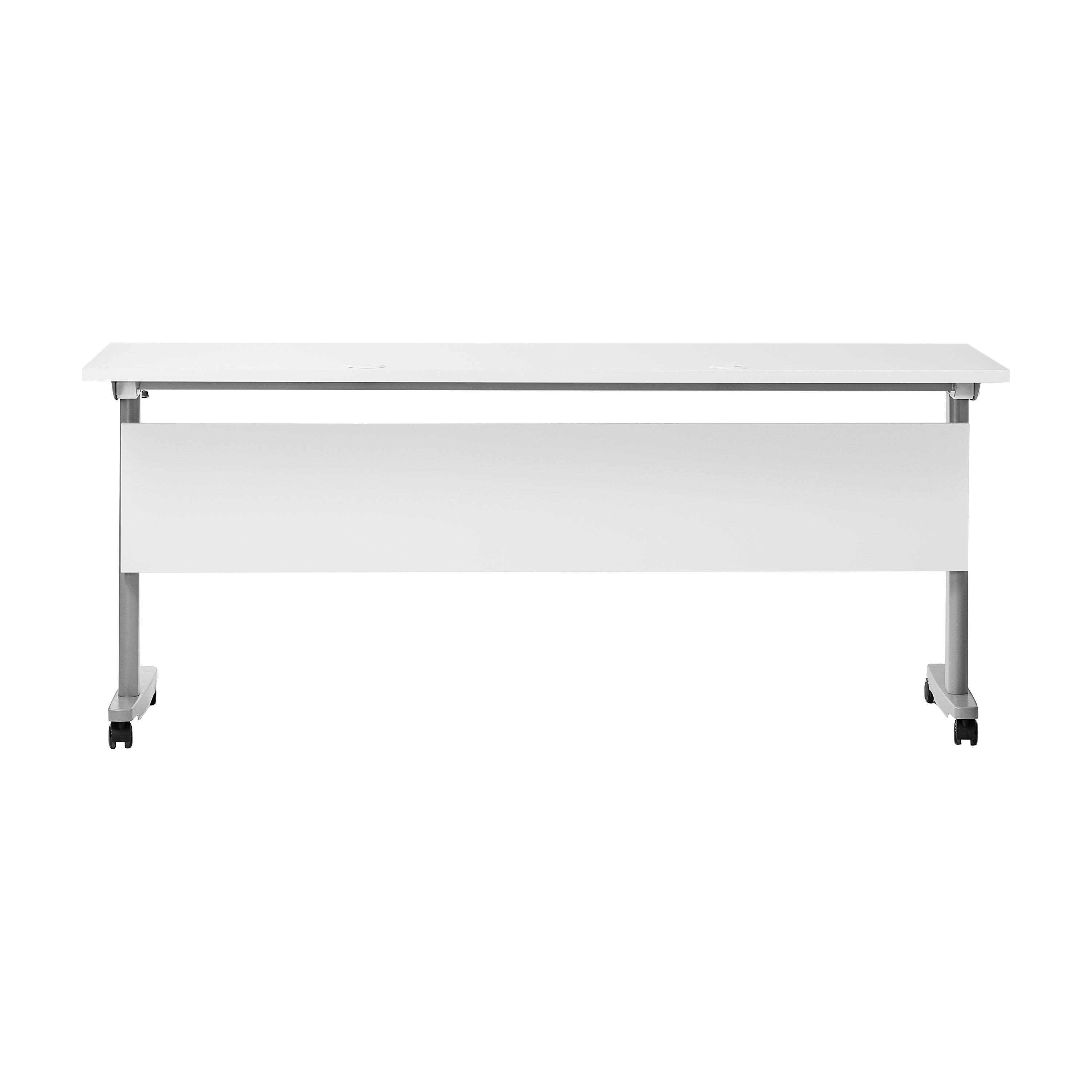 Palmer Commercial Grade 72" x 24" Heavy-Duty Nesting Flip Training Table with T-Legs, Modesty Panel, 1" Thick White Tabletop, and Gray Steel Frame