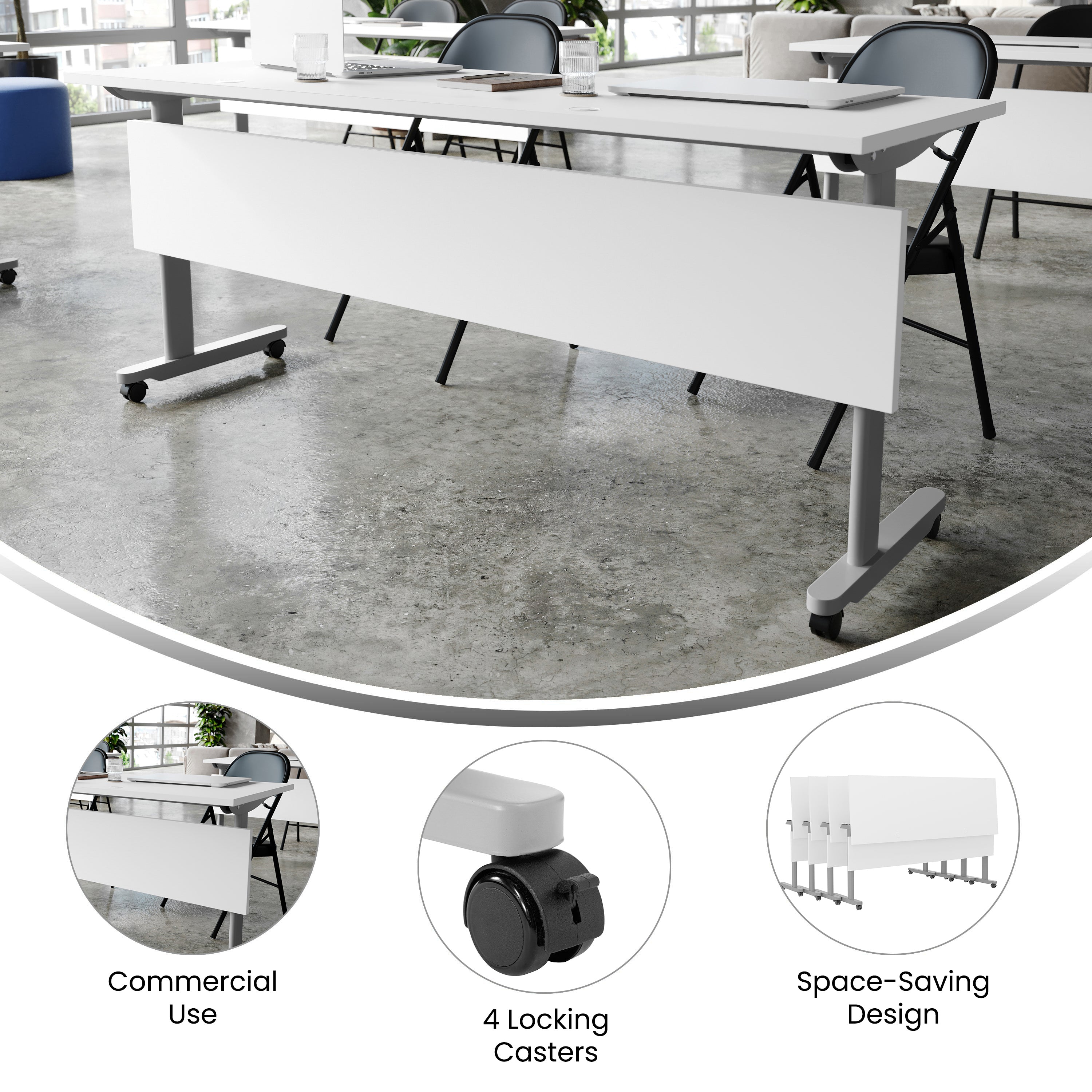 Palmer Commercial Grade 72" x 24" Heavy-Duty Nesting Flip Training Table with T-Legs, Modesty Panel, 1" Thick White Tabletop, and Gray Steel Frame