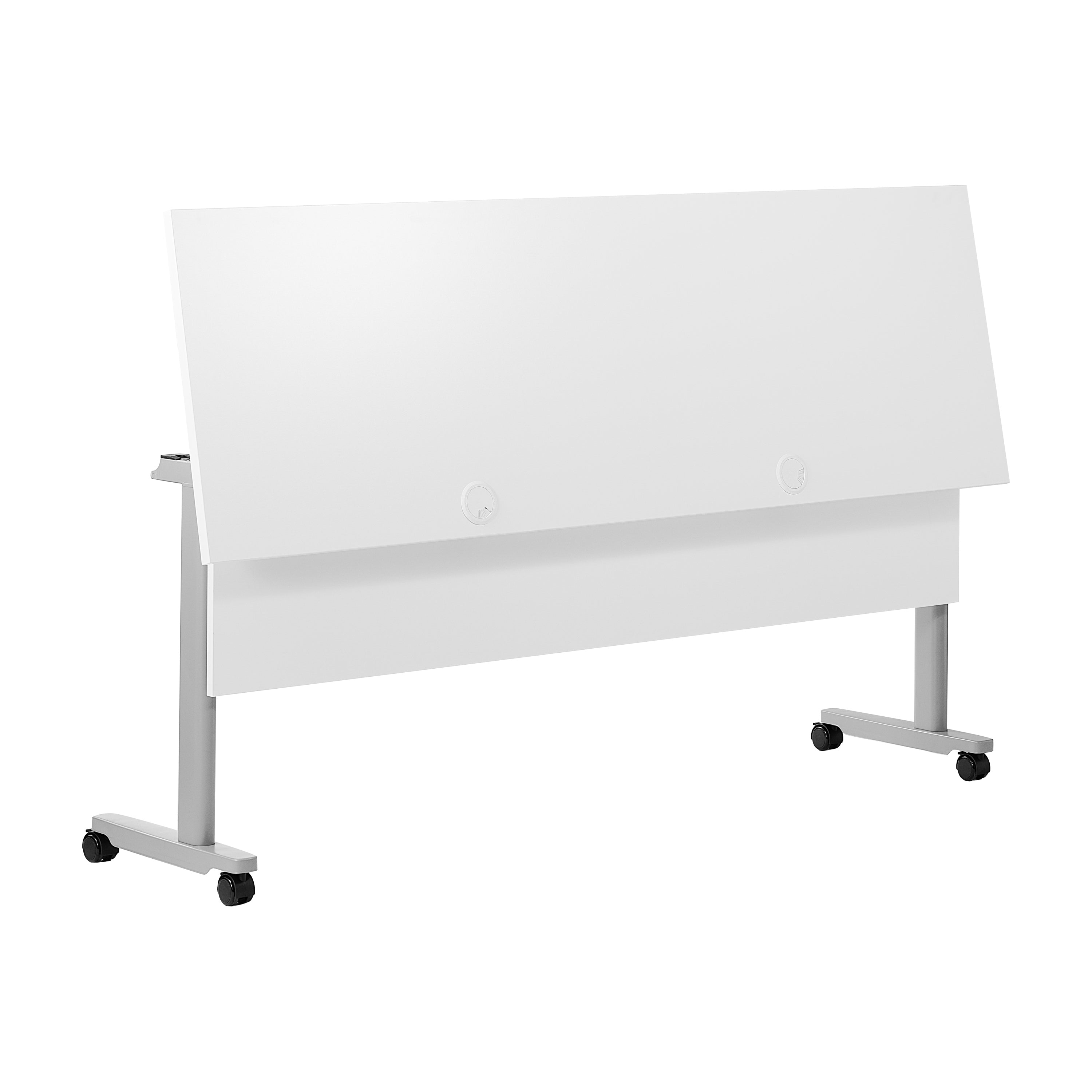 Palmer Commercial Grade 72" x 24" Heavy-Duty Nesting Flip Training Table with T-Legs, Modesty Panel, 1" Thick White Tabletop, and Gray Steel Frame