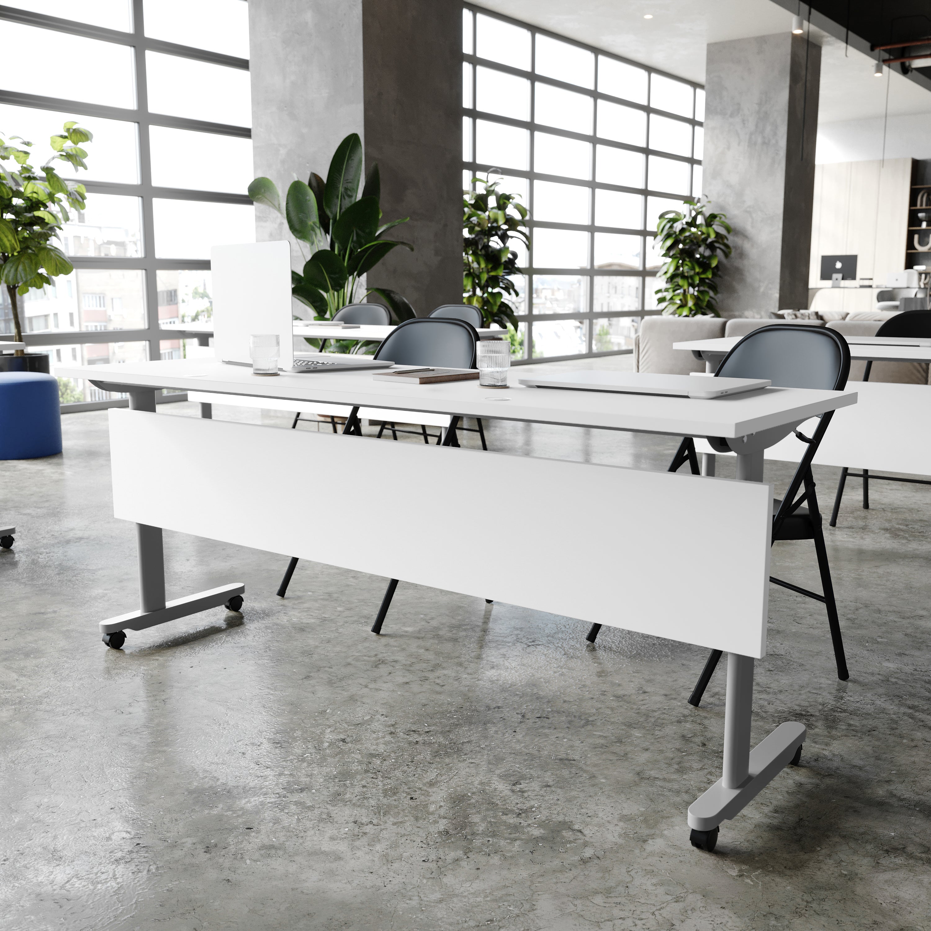 Palmer Commercial Grade 72" x 24" Heavy-Duty Nesting Flip Training Table with T-Legs, Modesty Panel, 1" Thick White Tabletop, and Gray Steel Frame