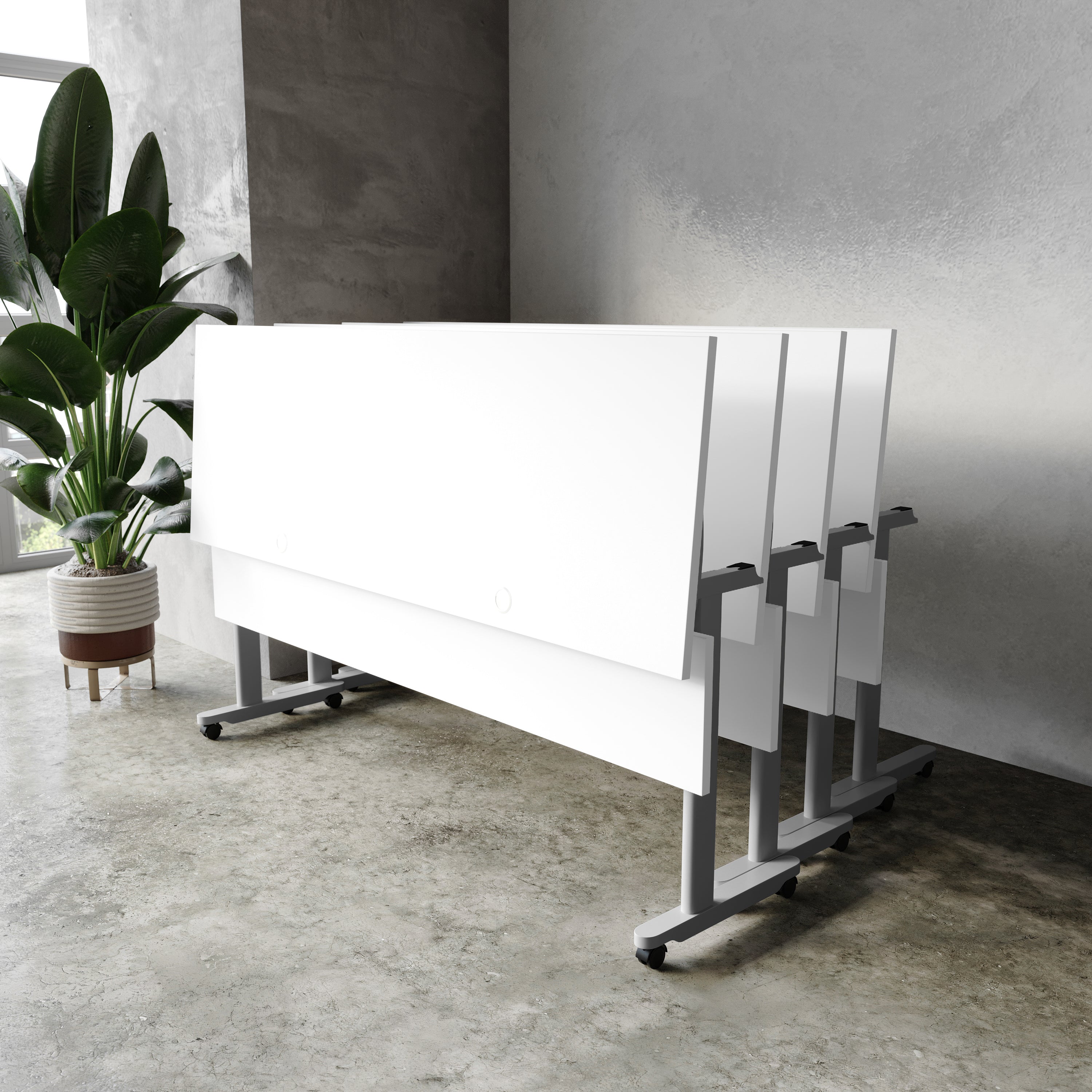 Palmer Commercial Grade 72" x 24" Heavy-Duty Nesting Flip Training Table with T-Legs, Modesty Panel, 1" Thick White Tabletop, and Gray Steel Frame