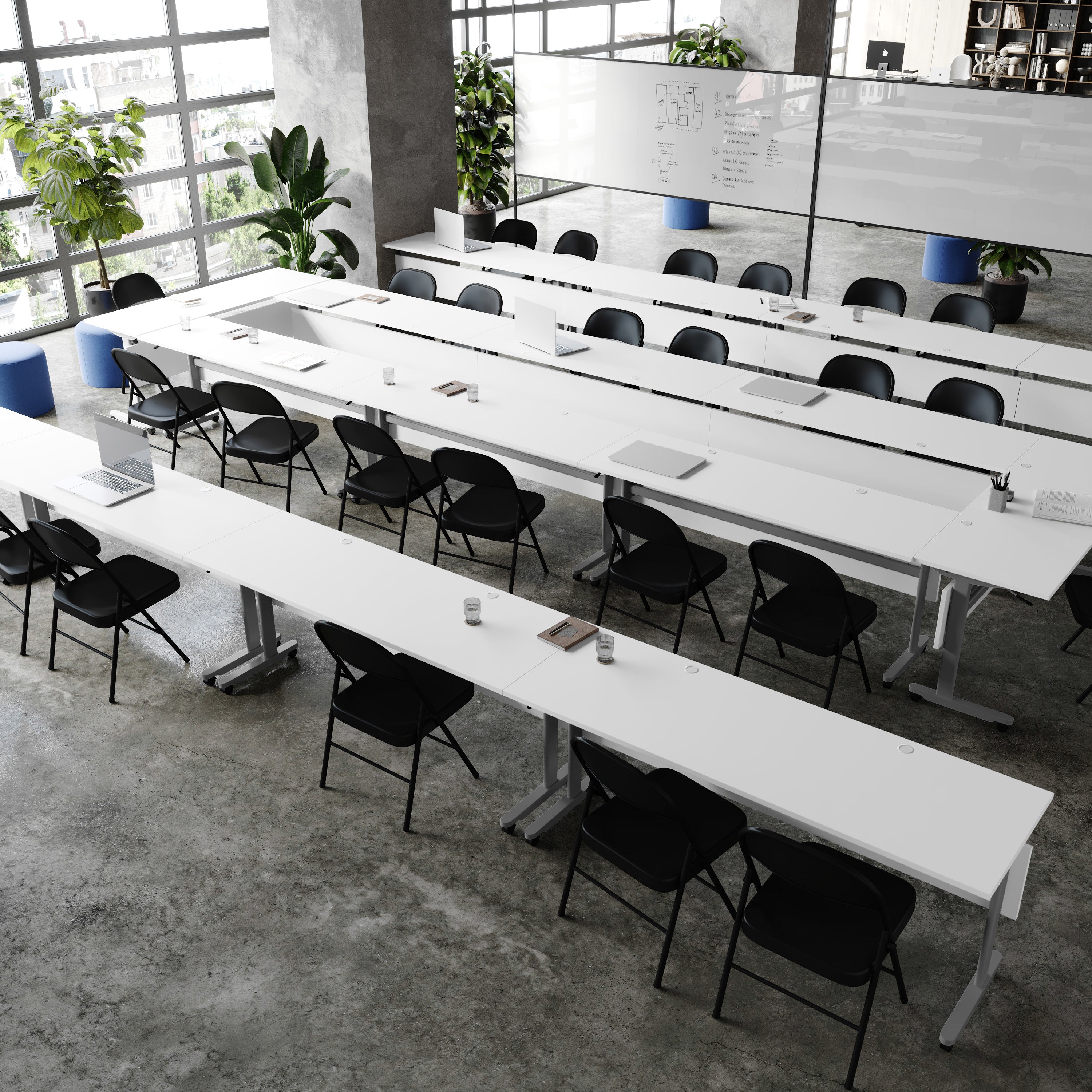 Palmer Commercial Grade 72" x 24" Heavy-Duty Nesting Flip Training Table with T-Legs, Modesty Panel, 1" Thick White Tabletop, and Gray Steel Frame