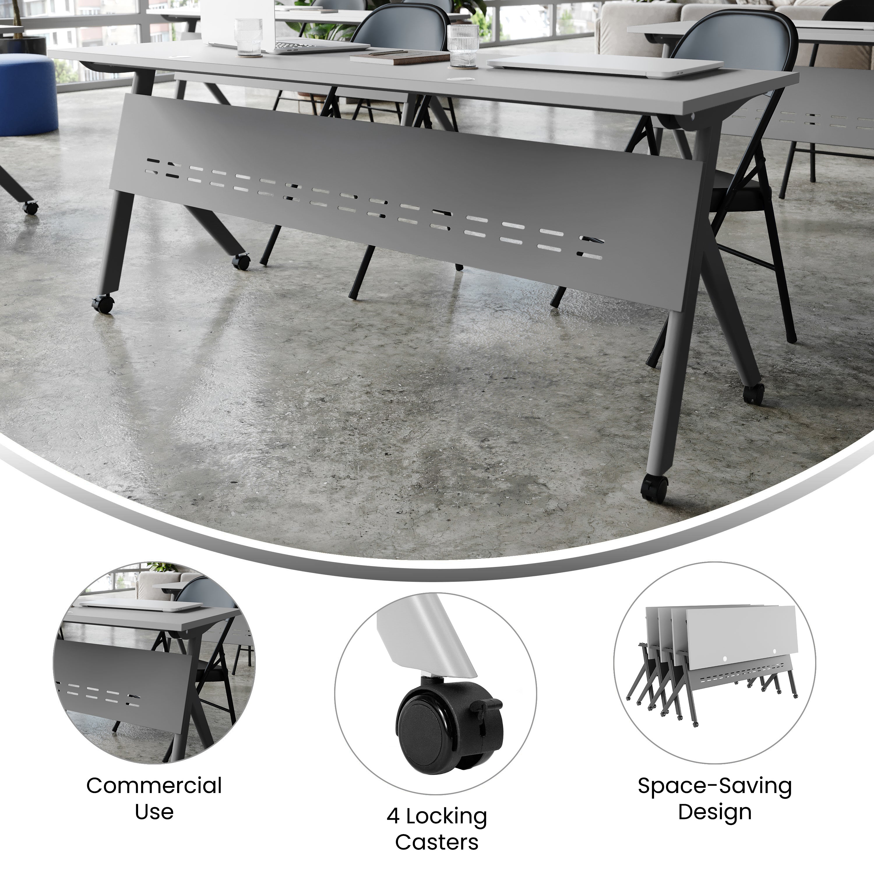 Davis Commercial Grade 72" x 24" Heavy-Duty Nesting Flip Training Table with Y-Legs, Modesty Panel, 1" Thick Gray Tabletop, and Gray Steel Frame