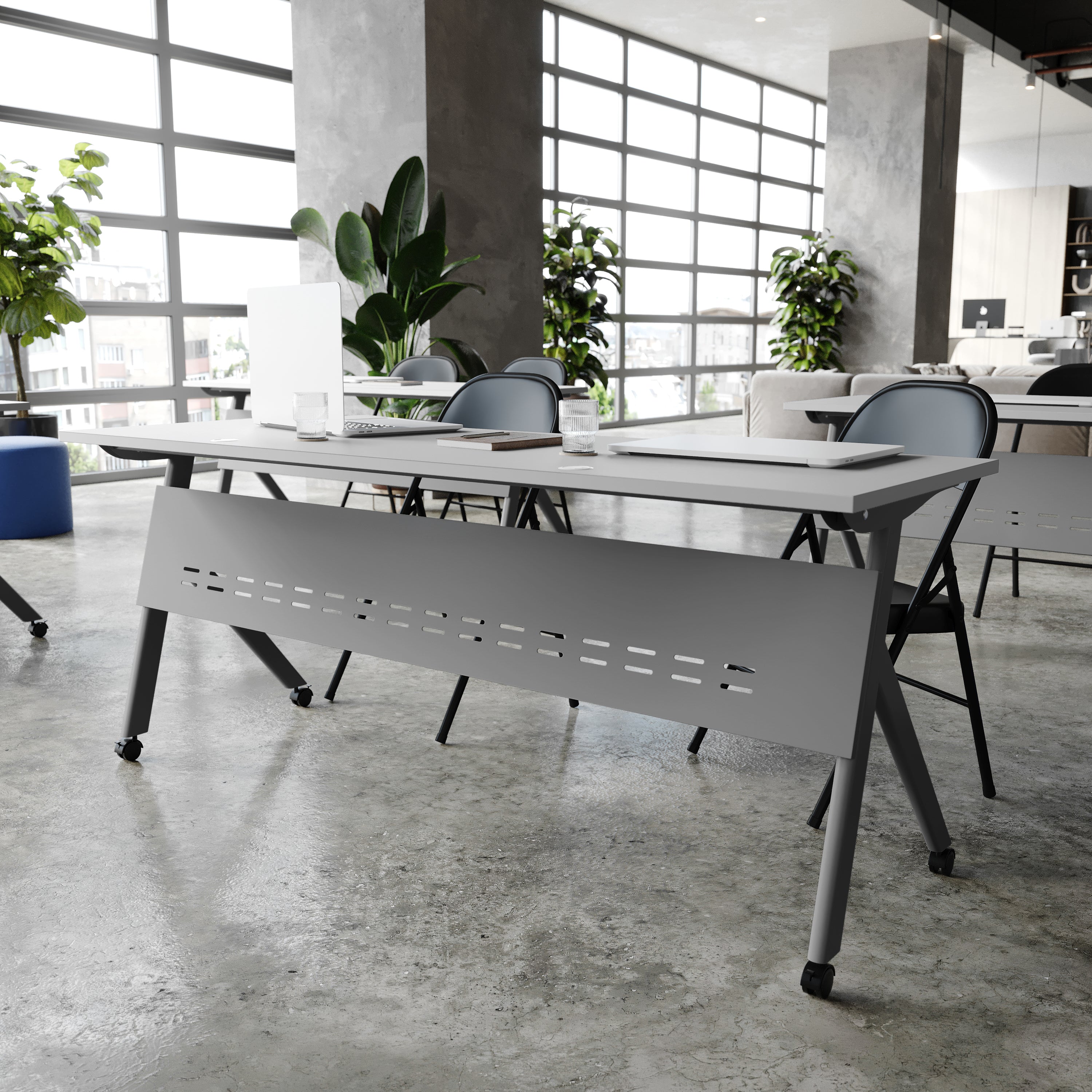 Davis Commercial Grade 72" x 24" Heavy-Duty Nesting Flip Training Table with Y-Legs, Modesty Panel, 1" Thick Gray Tabletop, and Gray Steel Frame