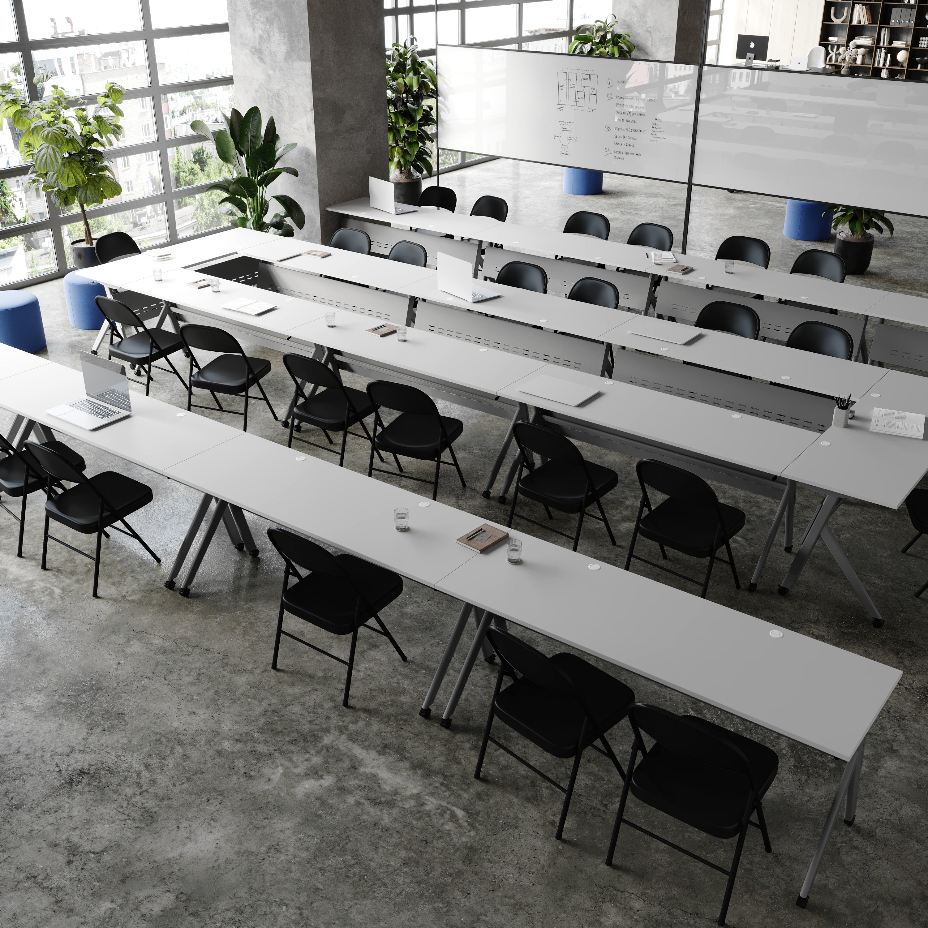 Davis Commercial Grade 72" x 24" Heavy-Duty Nesting Flip Training Table with Y-Legs, Modesty Panel, 1" Thick Gray Tabletop, and Gray Steel Frame