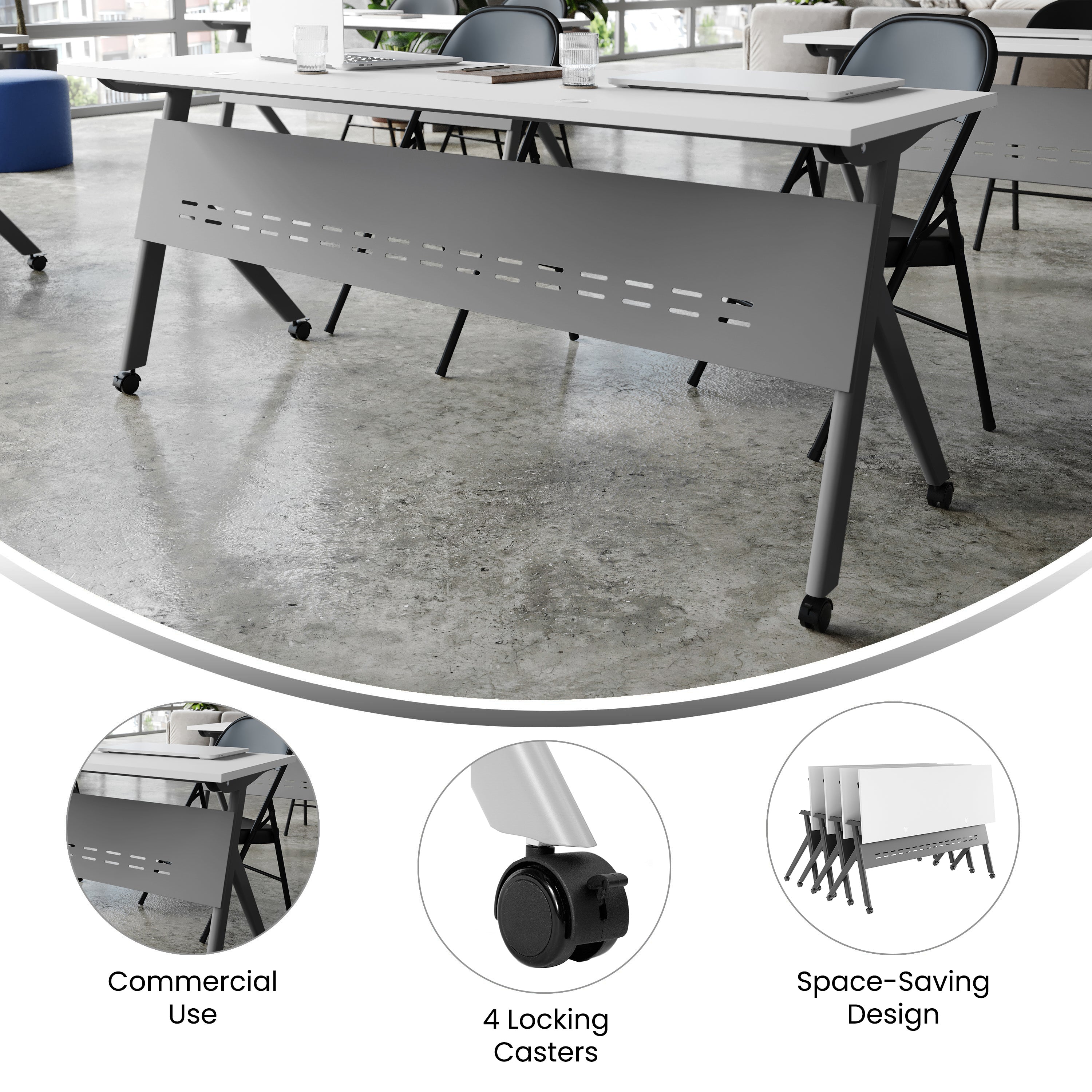 Davis Commercial Grade 72" x 24" Heavy-Duty Nesting Flip Training Table with Y-Legs, Modesty Panel, 1" Thick White Tabletop, and Gray Steel Frame
