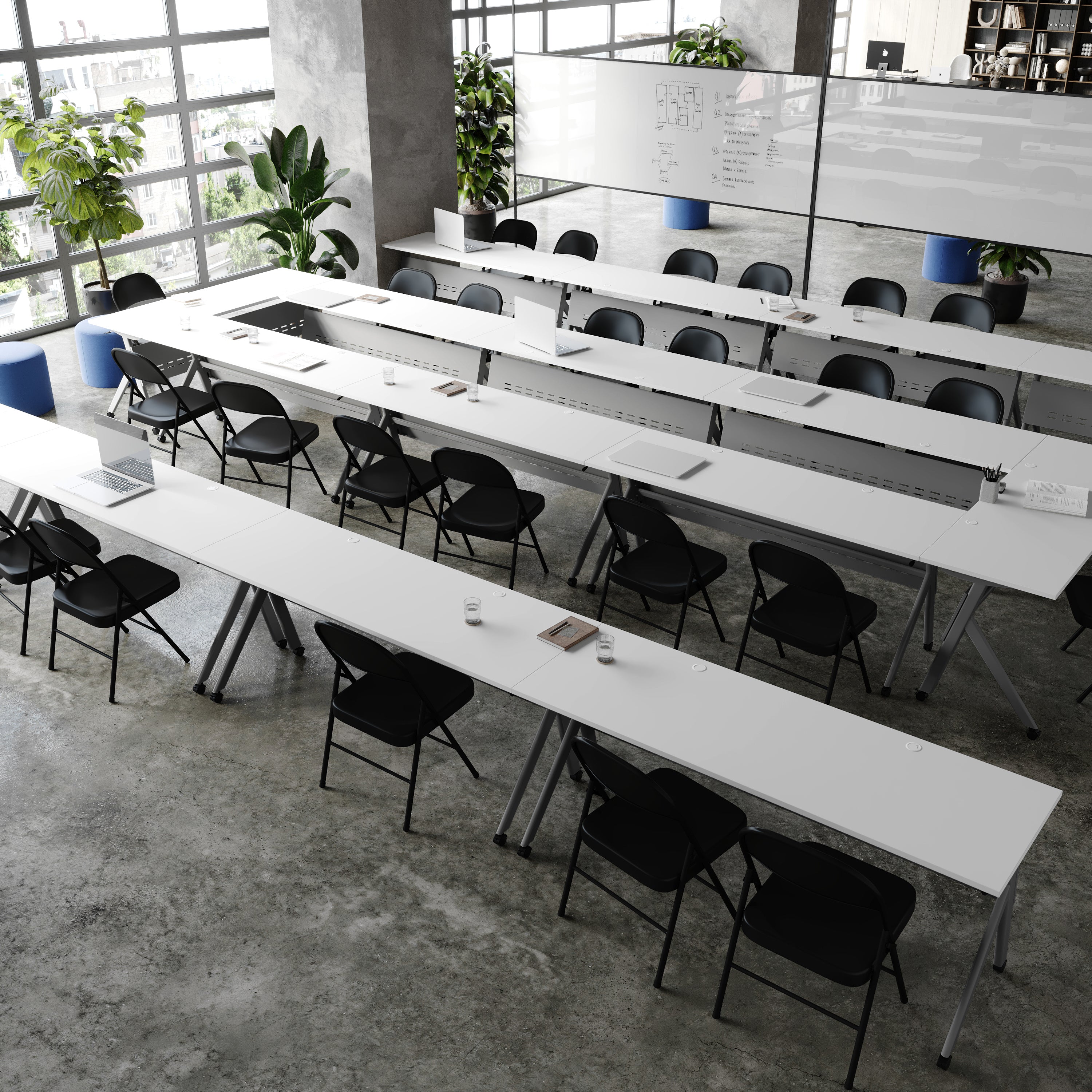 Davis Commercial Grade 72" x 24" Heavy-Duty Nesting Flip Training Table with Y-Legs, Modesty Panel, 1" Thick White Tabletop, and Gray Steel Frame