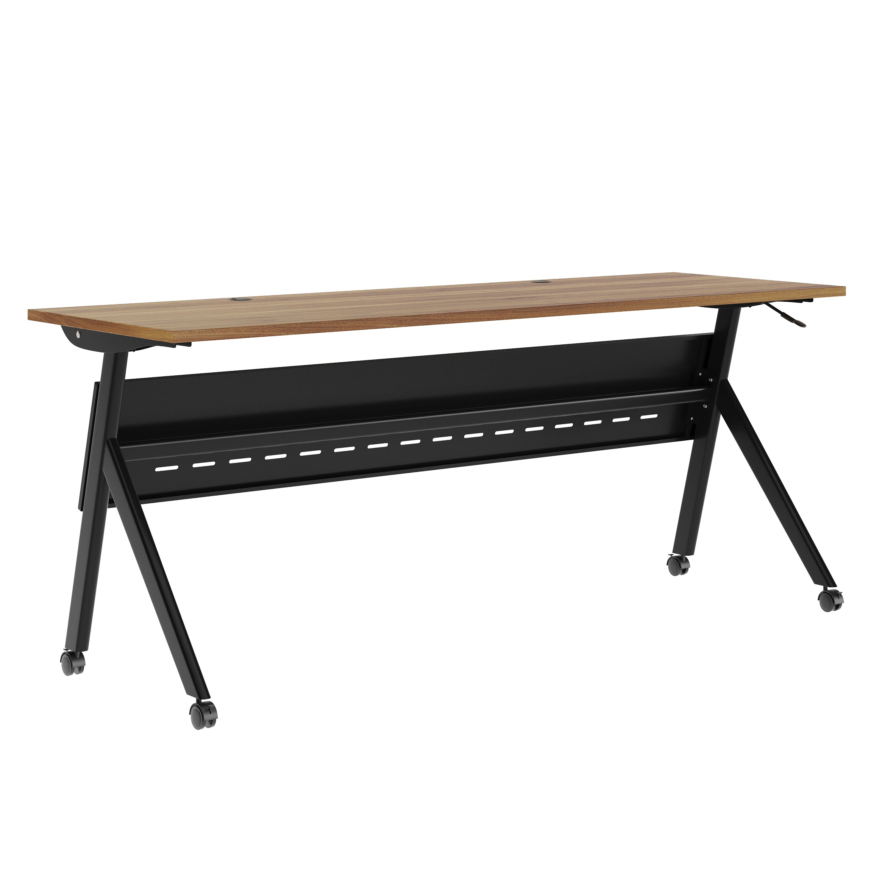 Davis Commercial Grade 72" x 24" Heavy-Duty Nesting Flip Training Table with Y-Legs, Modesty Panel, 1" Thick Walnut Tabletop, and Black Steel Frame