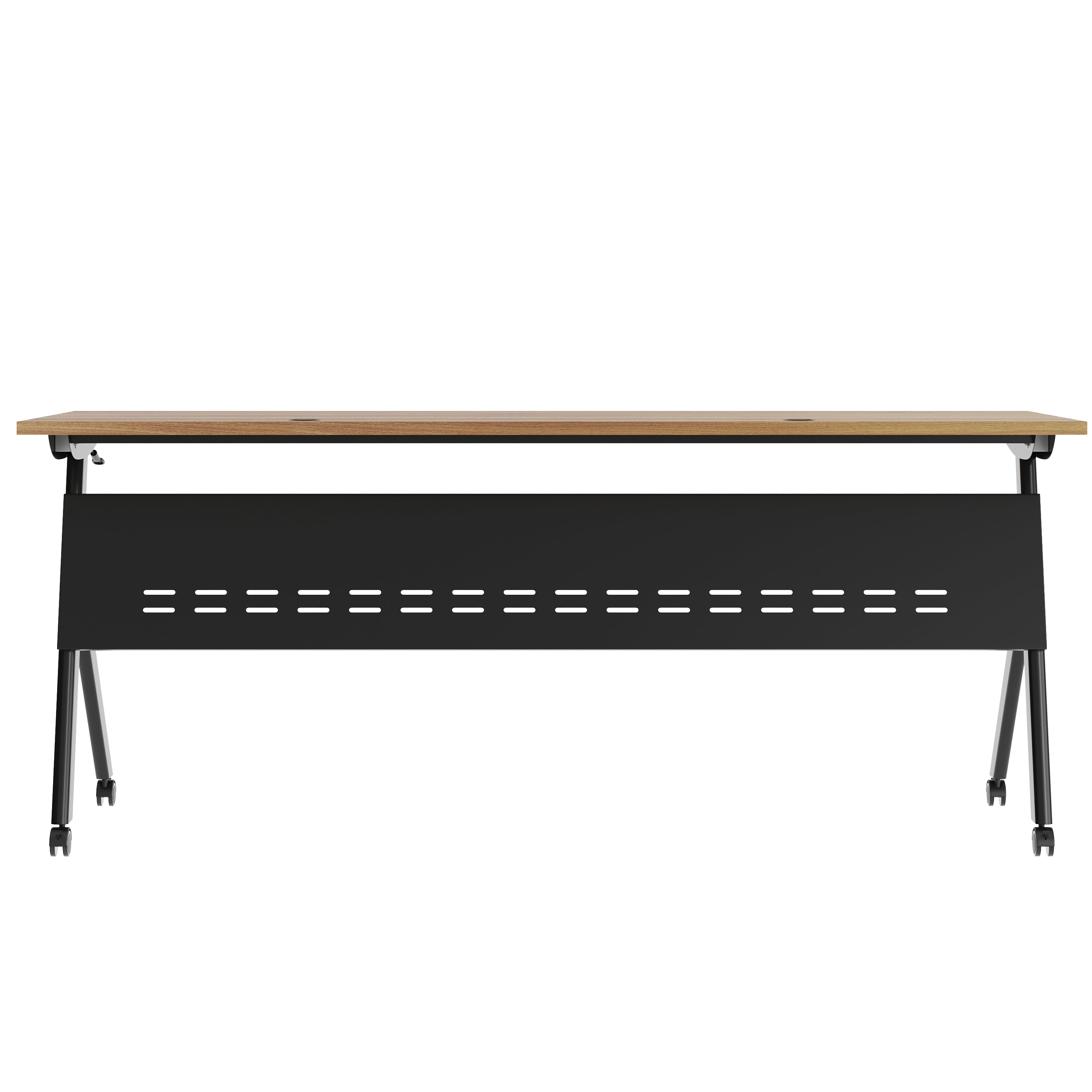 Davis Commercial Grade 72" x 24" Heavy-Duty Nesting Flip Training Table with Y-Legs, Modesty Panel, 1" Thick Walnut Tabletop, and Black Steel Frame