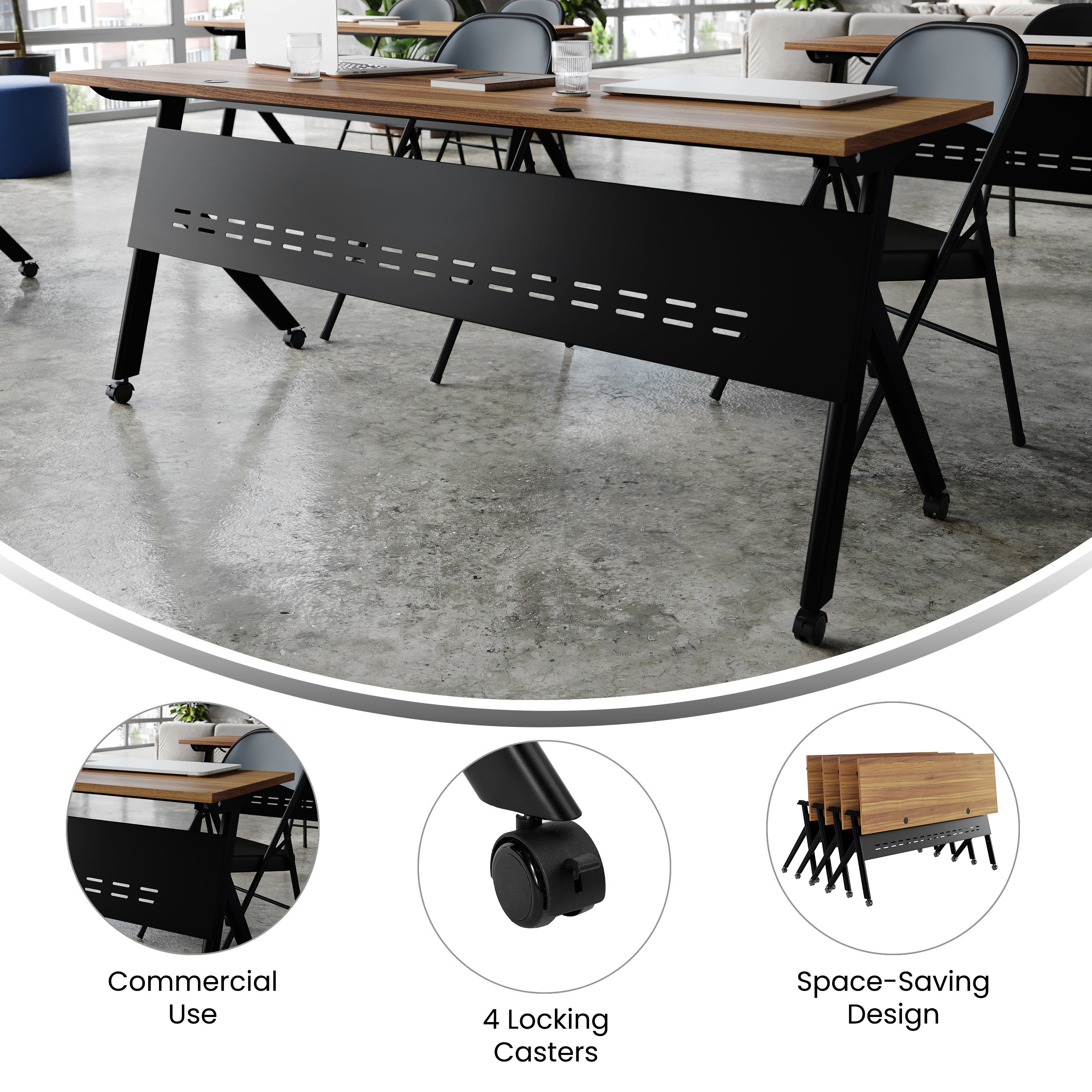 Davis Commercial Grade 72" x 24" Heavy-Duty Nesting Flip Training Table with Y-Legs, Modesty Panel, 1" Thick Walnut Tabletop, and Black Steel Frame