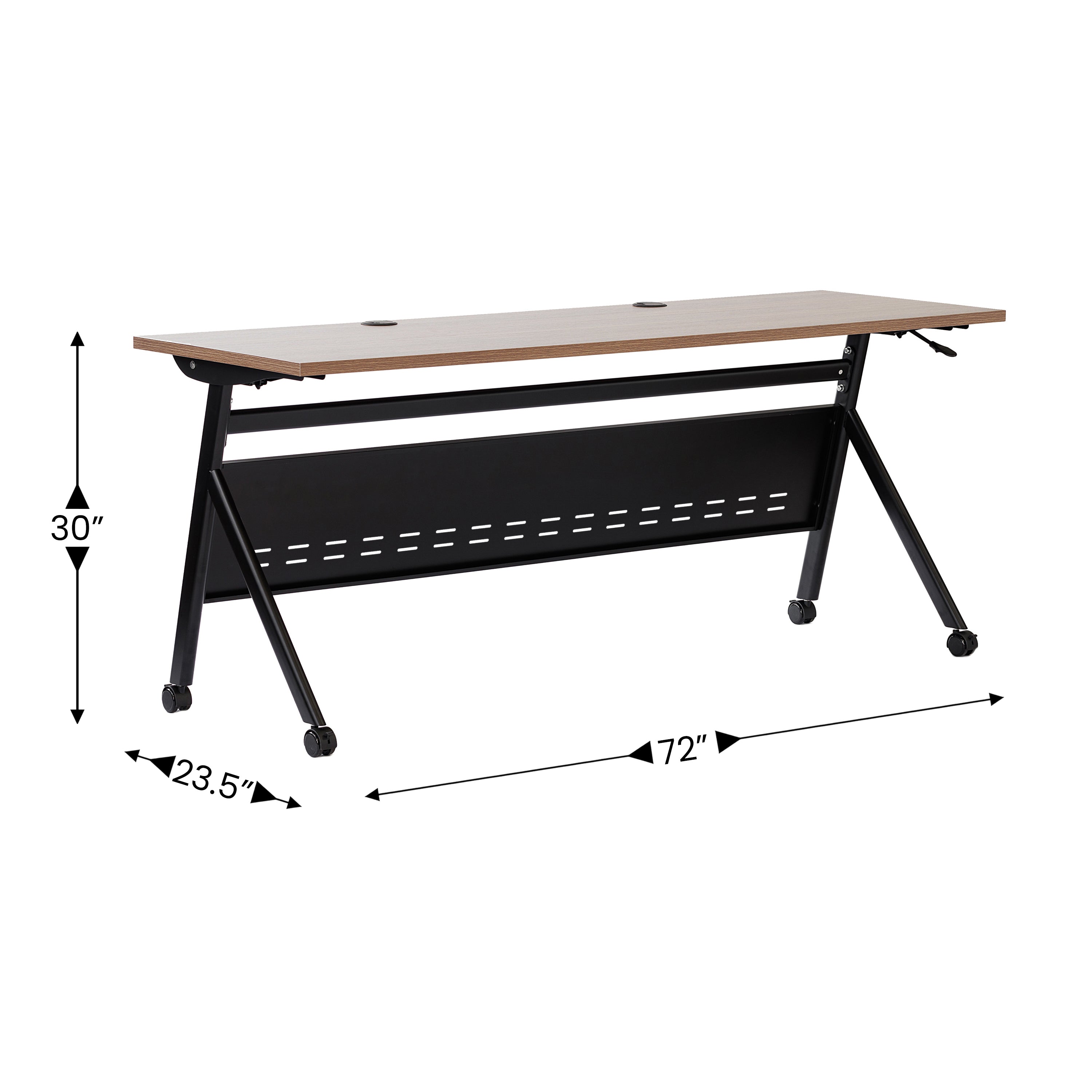 Davis Commercial Grade 72" x 24" Heavy-Duty Nesting Flip Training Table with Y-Legs, Modesty Panel, 1" Thick Walnut Tabletop, and Black Steel Frame