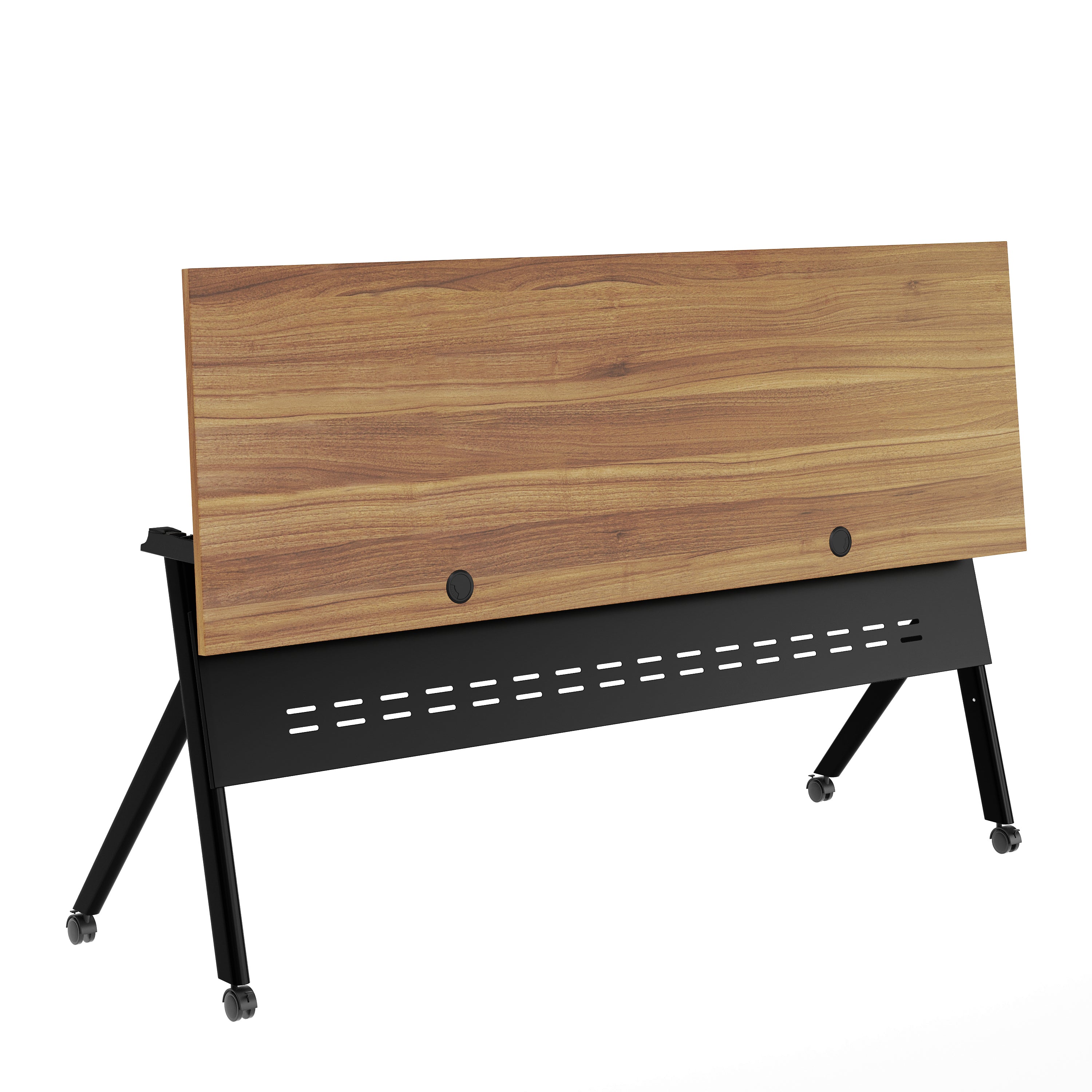 Davis Commercial Grade 72" x 24" Heavy-Duty Nesting Flip Training Table with Y-Legs, Modesty Panel, 1" Thick Walnut Tabletop, and Black Steel Frame