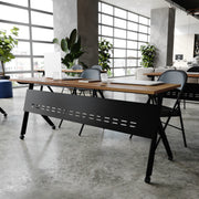 Davis Commercial Grade 72" x 24" Heavy-Duty Nesting Flip Training Table with Y-Legs, Modesty Panel, 1" Thick Walnut Tabletop, and Black Steel Frame
