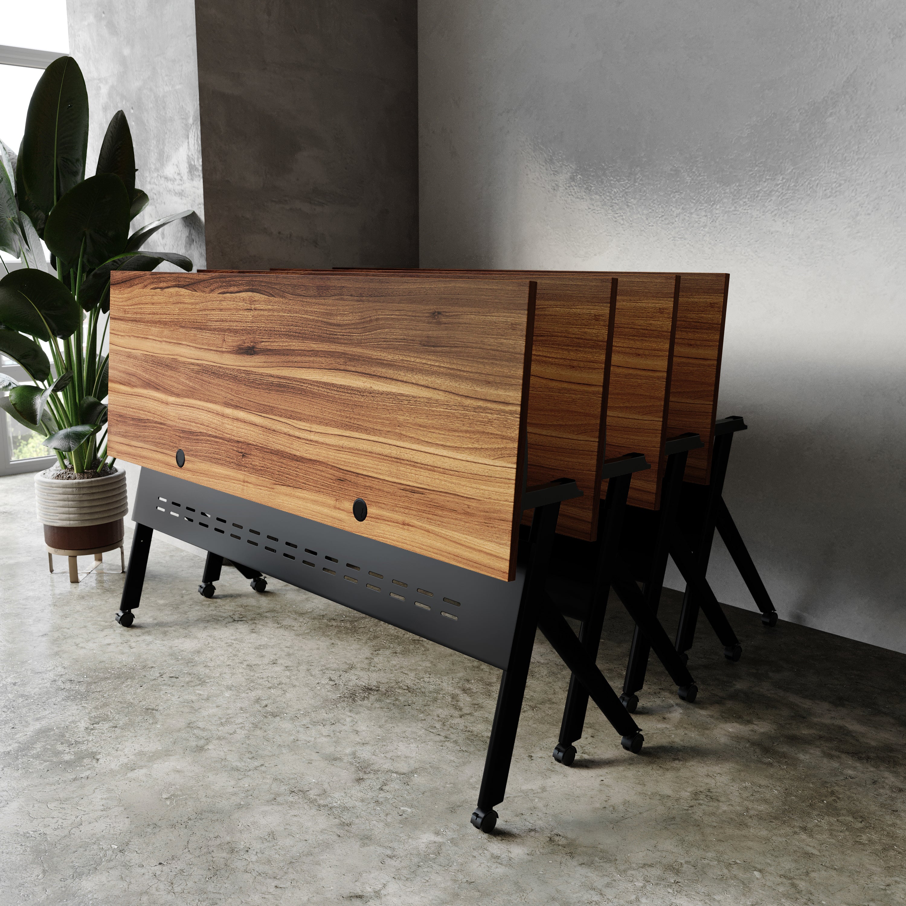 Davis Commercial Grade 72" x 24" Heavy-Duty Nesting Flip Training Table with Y-Legs, Modesty Panel, 1" Thick Walnut Tabletop, and Black Steel Frame