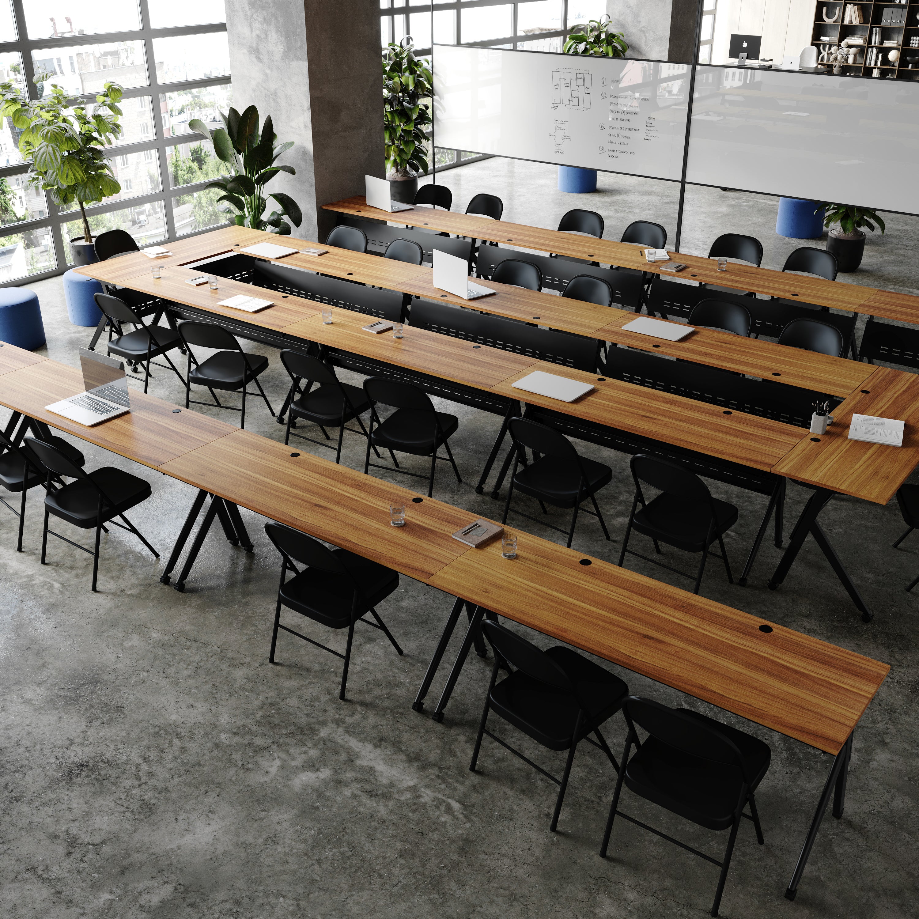 Davis Commercial Grade 72" x 24" Heavy-Duty Nesting Flip Training Table with Y-Legs, Modesty Panel, 1" Thick Walnut Tabletop, and Black Steel Frame
