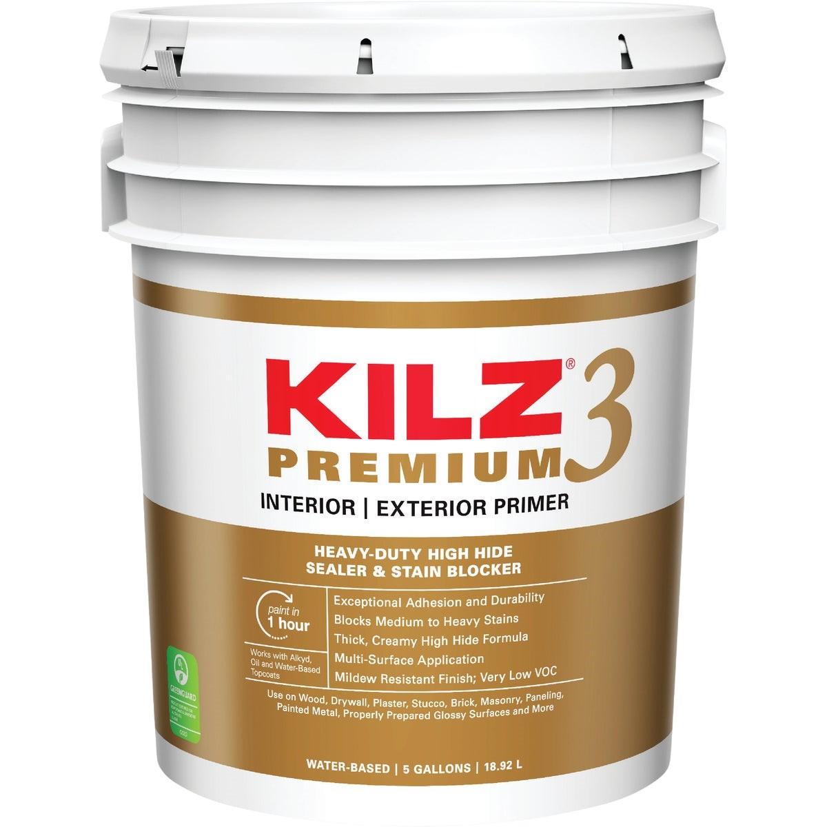 KILZ 3 Premium Water-Base Interior/Exterior Sealer Stain Blocking Primer, White, 5 Gal.