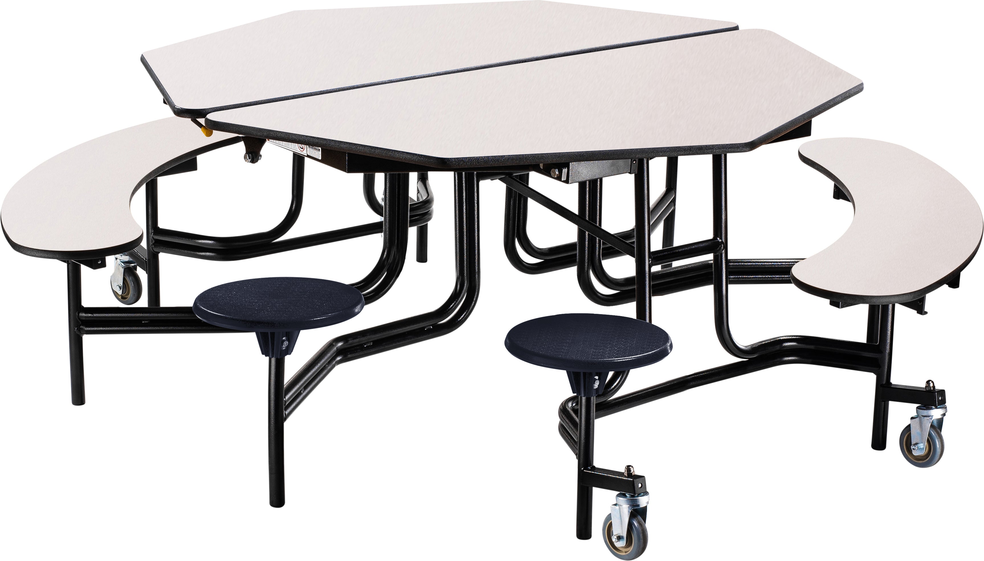 NPS® Mobile Cafeteria Table w/ Stools and Benches, 60" Octagon, Plywood Core, Edge Type: Edge Banding, Frame Type: Textured Black (Specify Laminate Tabletop/Benches/Stool Color, Optional ErgoMax Upgrade, Height)