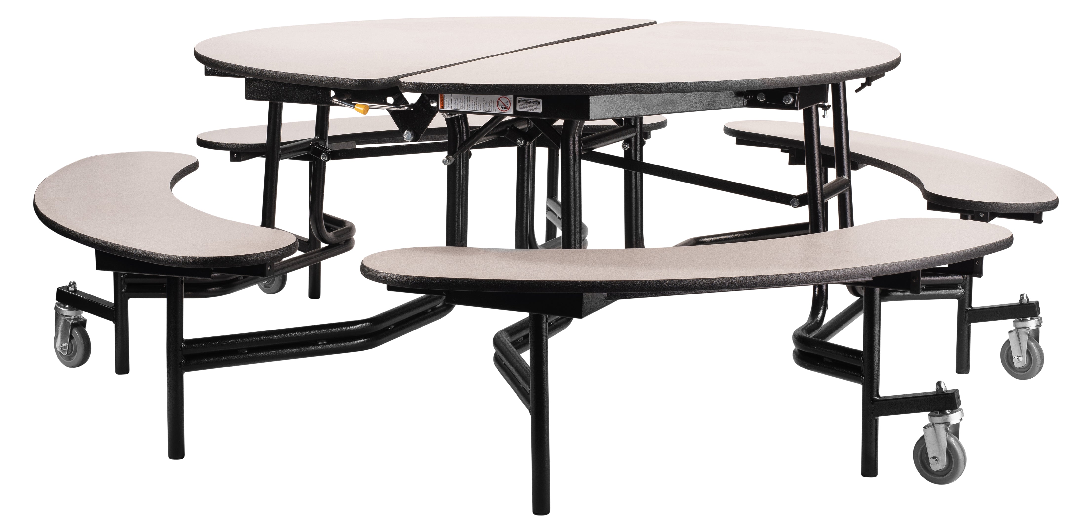 NPS® Mobile Cafeteria Table w/ Benches, 60" Round, Plywood Core, Edge Type: Edge Banding, Frame Type:  Textured Black (Specify Tabletop/Bench Laminate Color and Height)