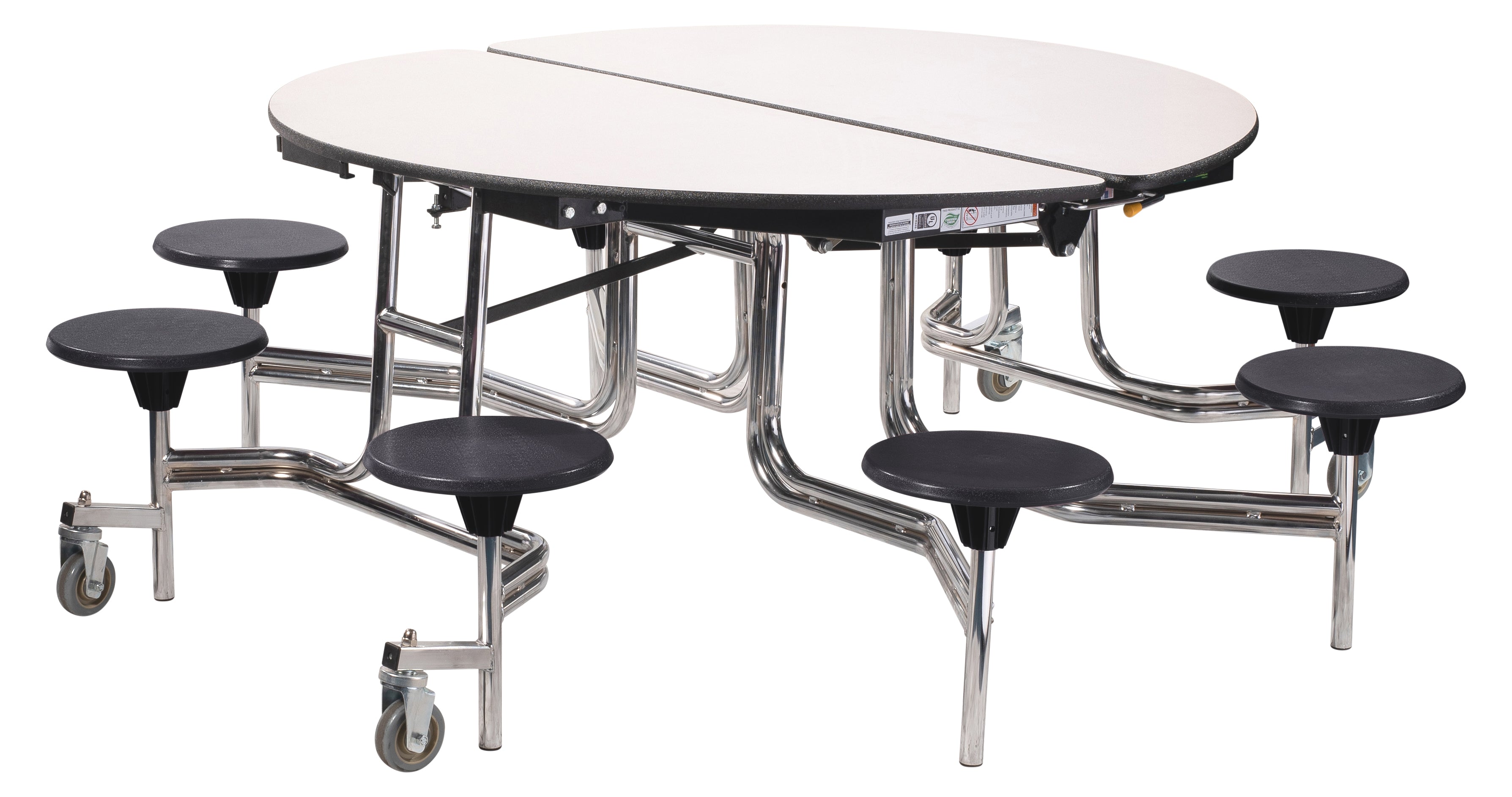 NPS® Mobile Cafeteria Table w/ Stools, 60" Round, Plywood Core, Edge Type: ProtectEdge, Frame Type:  Chrome (Specify Laminate Tabletop/Seat Color and Height)