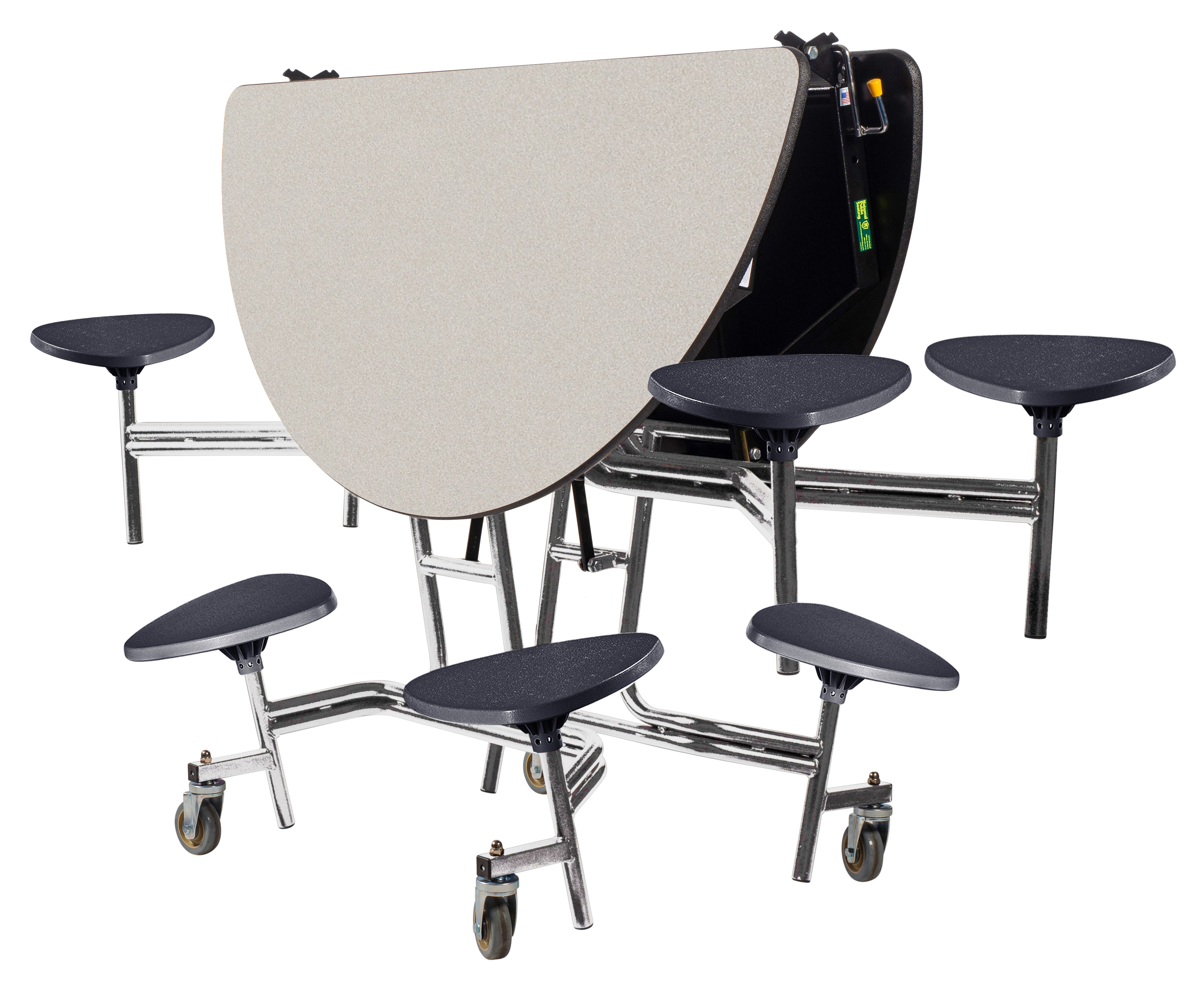 NPS® Mobile Cafeteria Table w/ Stools, 60" Round, Plywood Core, Edge Type: ProtectEdge, Frame Type:  Chrome (Specify Laminate Tabletop/Seat Color and Height)