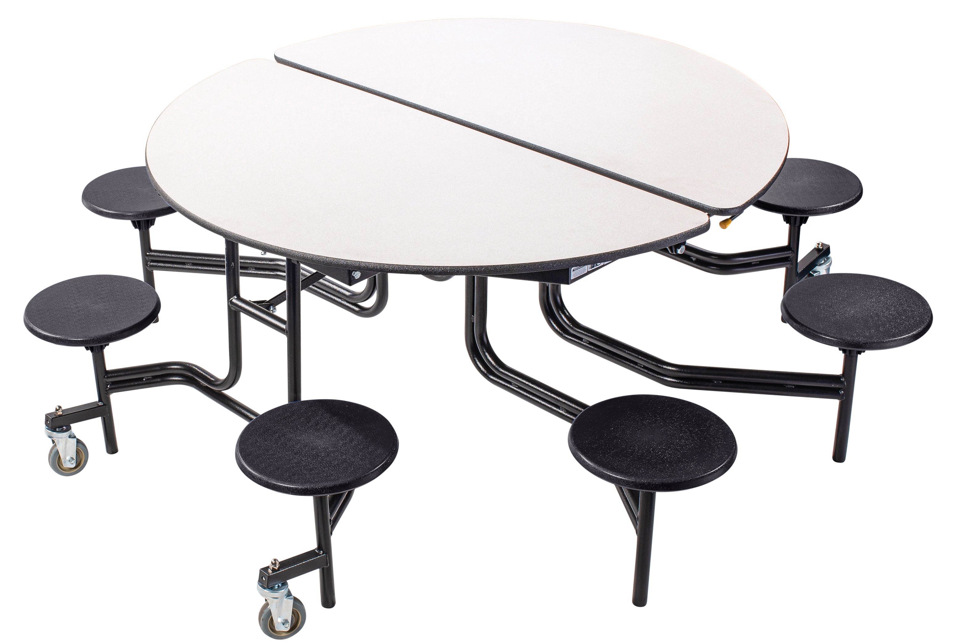 NPS® Mobile Cafeteria Table w/ Stools, 60" Round, Plywood Core, Edge Type: Edge Banding, Frame Type: Textured Black (Specify Laminate Tabletop/Seat Color and Height)