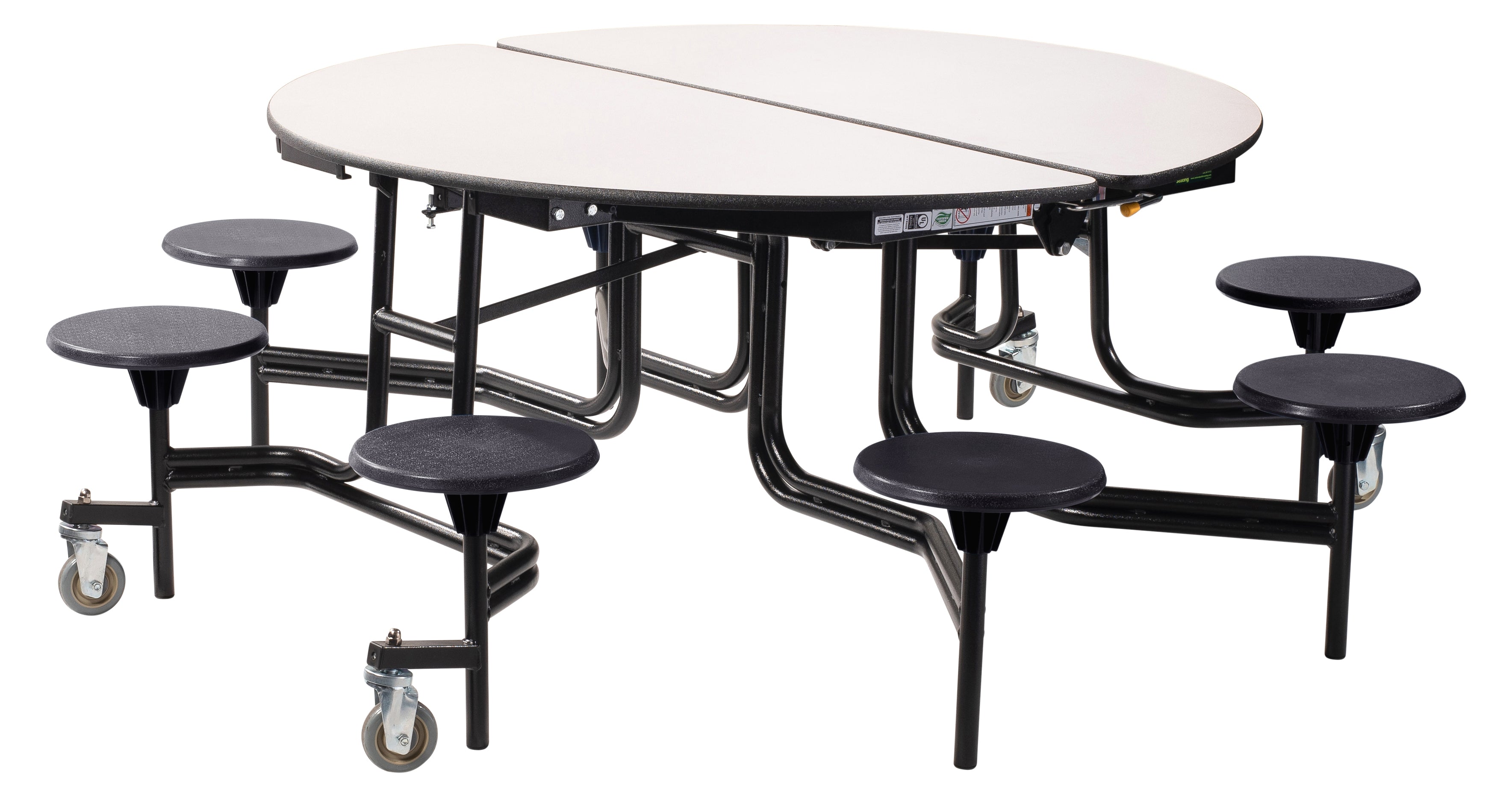 NPS® Mobile Cafeteria Table w/ Stools, 60" Round, Particleboard Core, Edge Type: Vinyl T-Mold, Frame Type: Textured Black (Specify Laminate Tabletop/Seat Color and Height)