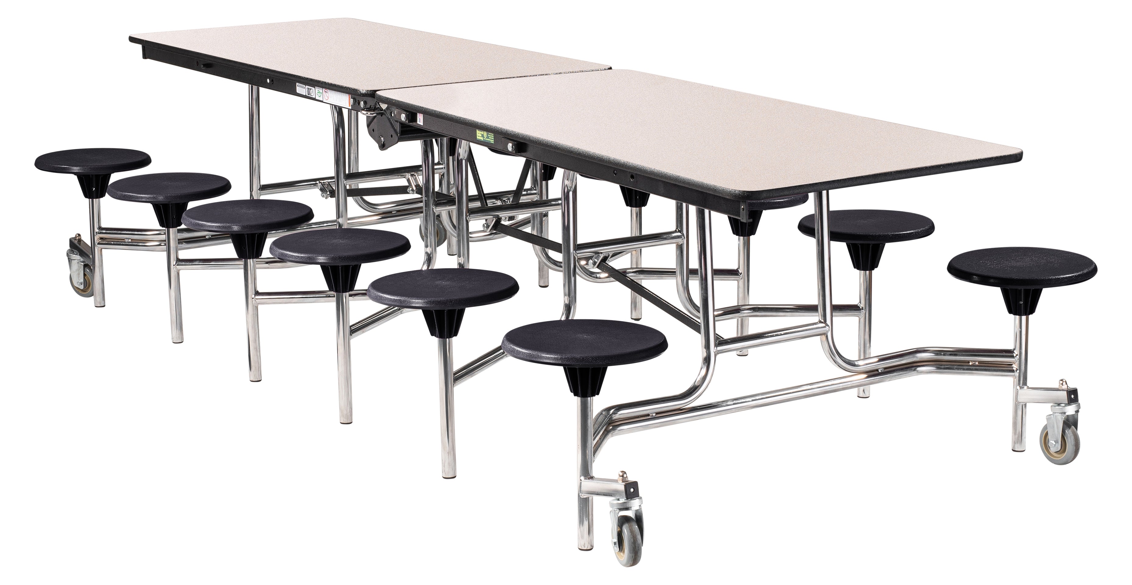 NPS® Mobile Cafeteria Table w/ 16 Stools, 13'L, Particleboard Core, Edge Type: Vinyl T-Mold, Frame Type:  Chrome (Specify Laminate Tabletop/Seat Color and Height)