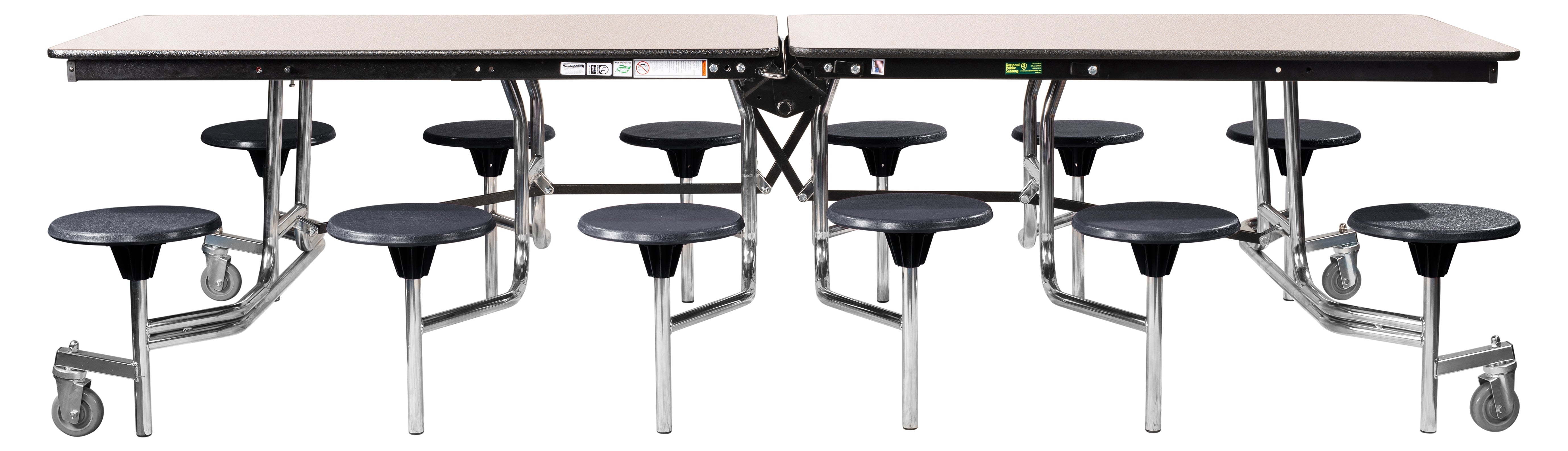 NPS® Mobile Cafeteria Table w/ 12 Stools, 12'L, Plywood Core, Edge Type: Vinyl T-Mold, Frame Type:  Chrome (Specify Laminate Tabletop/Seat Color and Height)