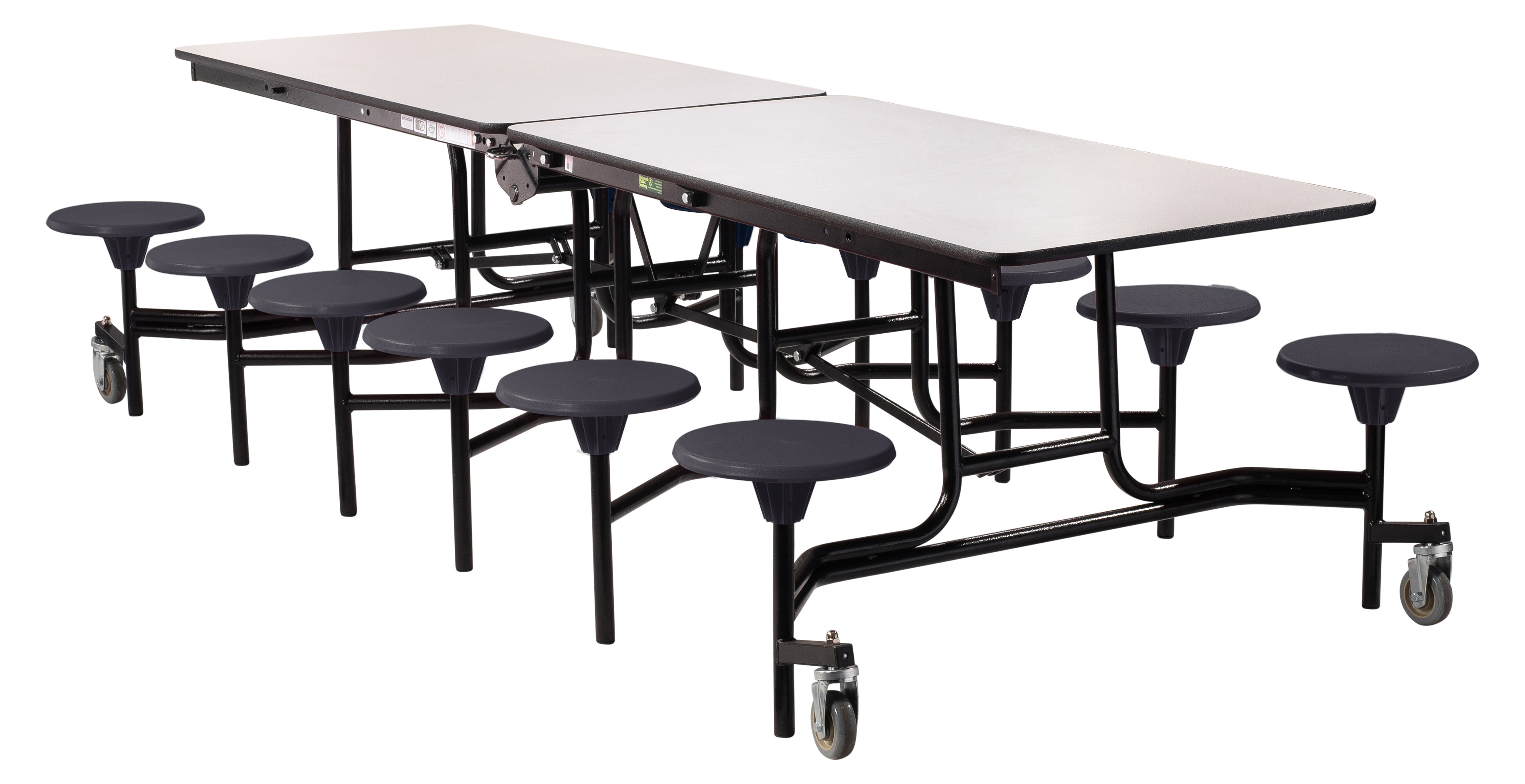 NPS® Mobile Cafeteria Table w/ 12 Stools, 12'L, Plywood Core, Edge Type: Edge Banding, Frame Type: Textured Black (Specify Laminate Tabletop/Seat Color and Height)