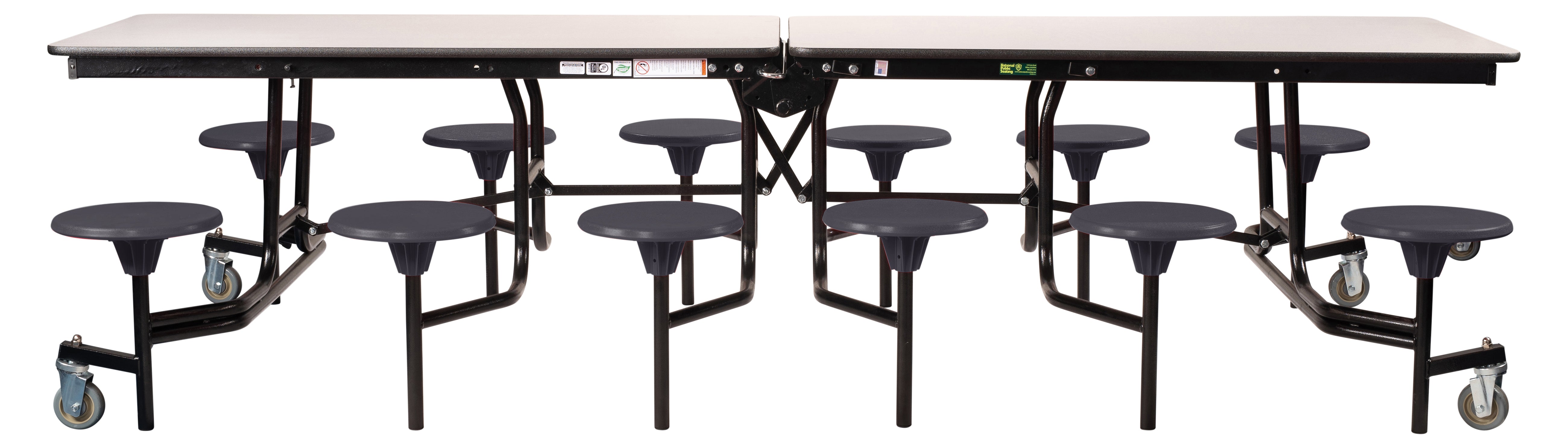 NPS® Mobile Cafeteria Table w/ 12 Stools, 12'L, Plywood Core, Edge Type: Edge Banding, Frame Type: Textured Black (Specify Laminate Tabletop/Seat Color and Height)