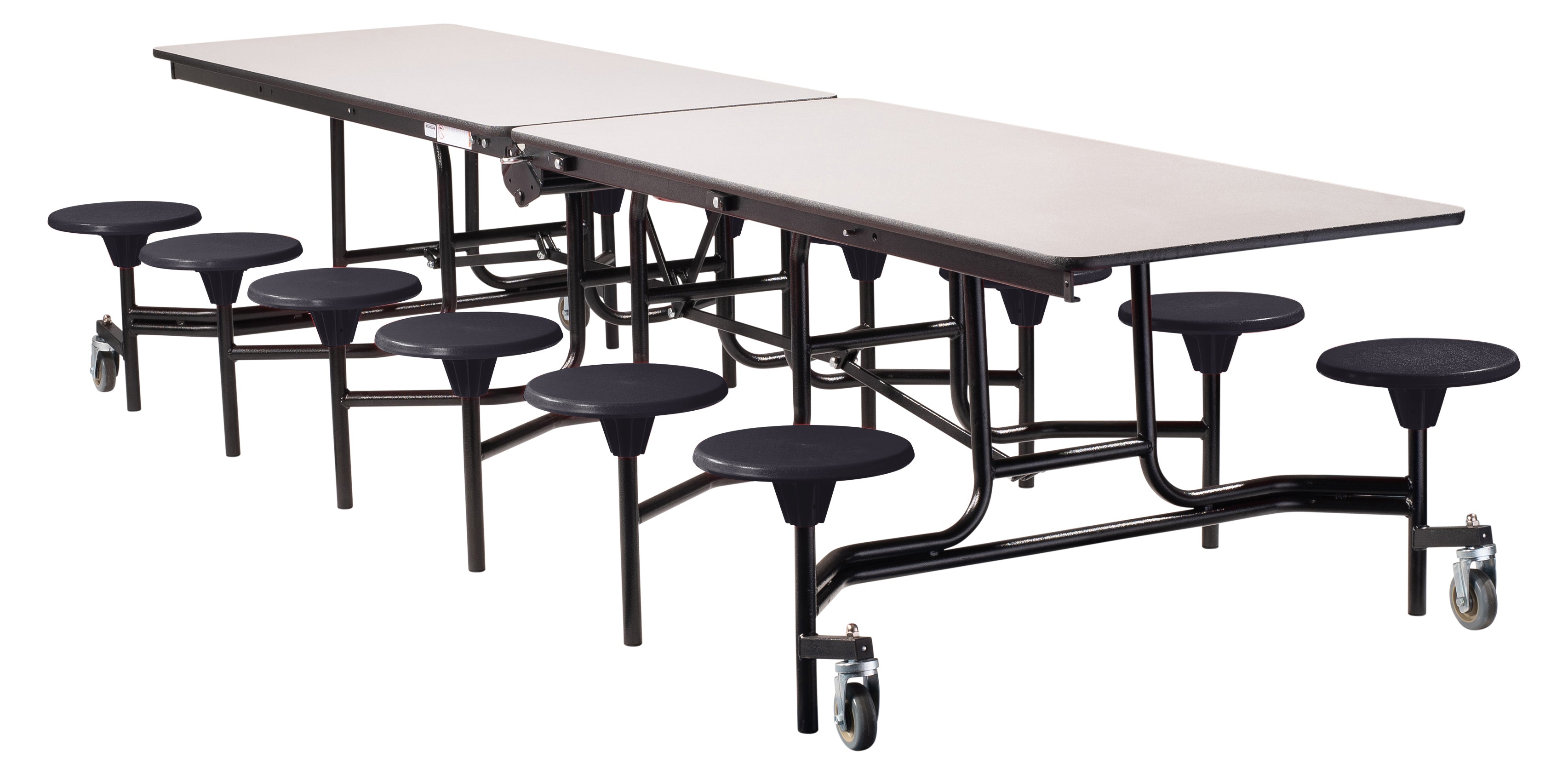 NPS® Mobile Cafeteria Table w/ 12 Stools, 12'L, Plywood Core, Edge Type: Vinyl T-Mold, Frame Type: Textured Black (Specify Laminate Tabletop/Seat Color and Height)