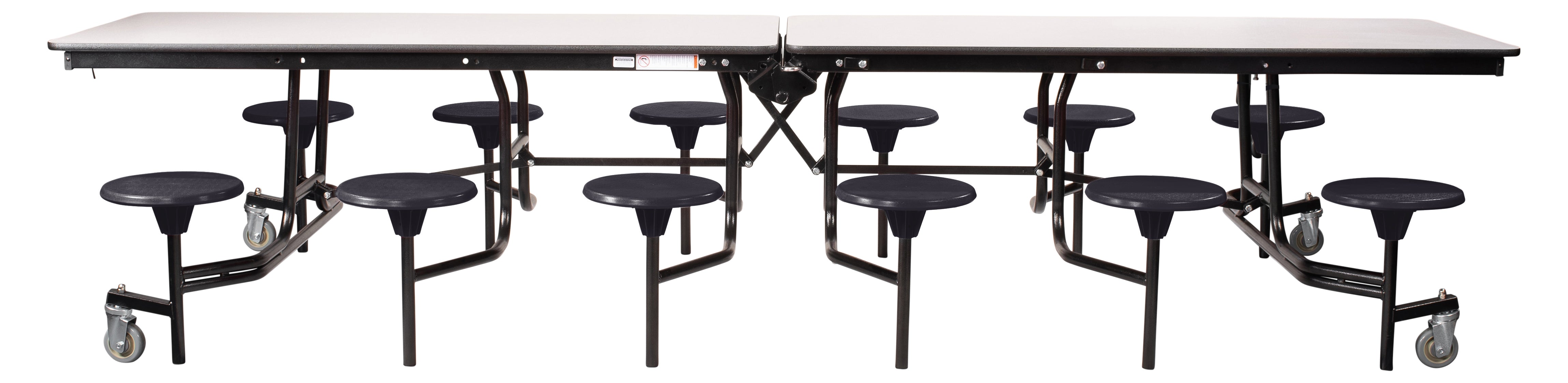 NPS® Mobile Cafeteria Table w/ 12 Stools, 12'L, Particleboard Core, Edge Type: Vinyl T-Mold, Frame Type: Textured Black (Specify Laminate Tabletop/Seat Color and Height)