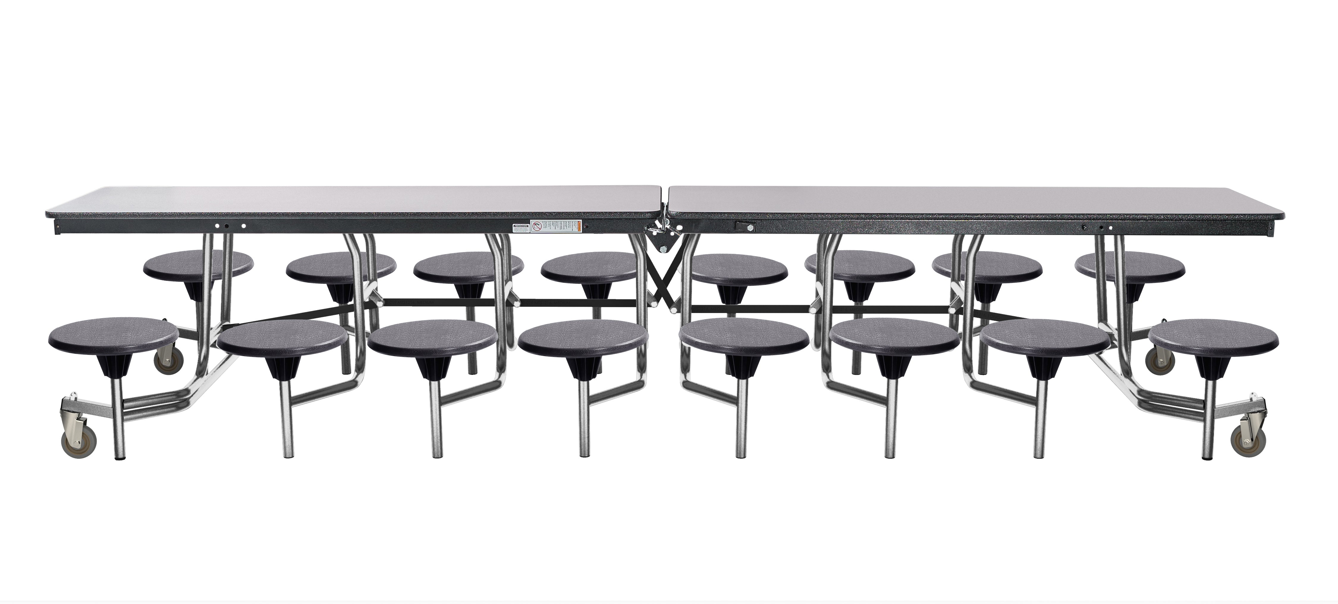 NPS® Mobile Cafeteria Table w/ 16 Stools, 13'L, Plywood Core, Edge Type: Vinyl T-Mold, Frame Type:  Chrome (Specify Laminate Tabletop/Seat Color and Height)