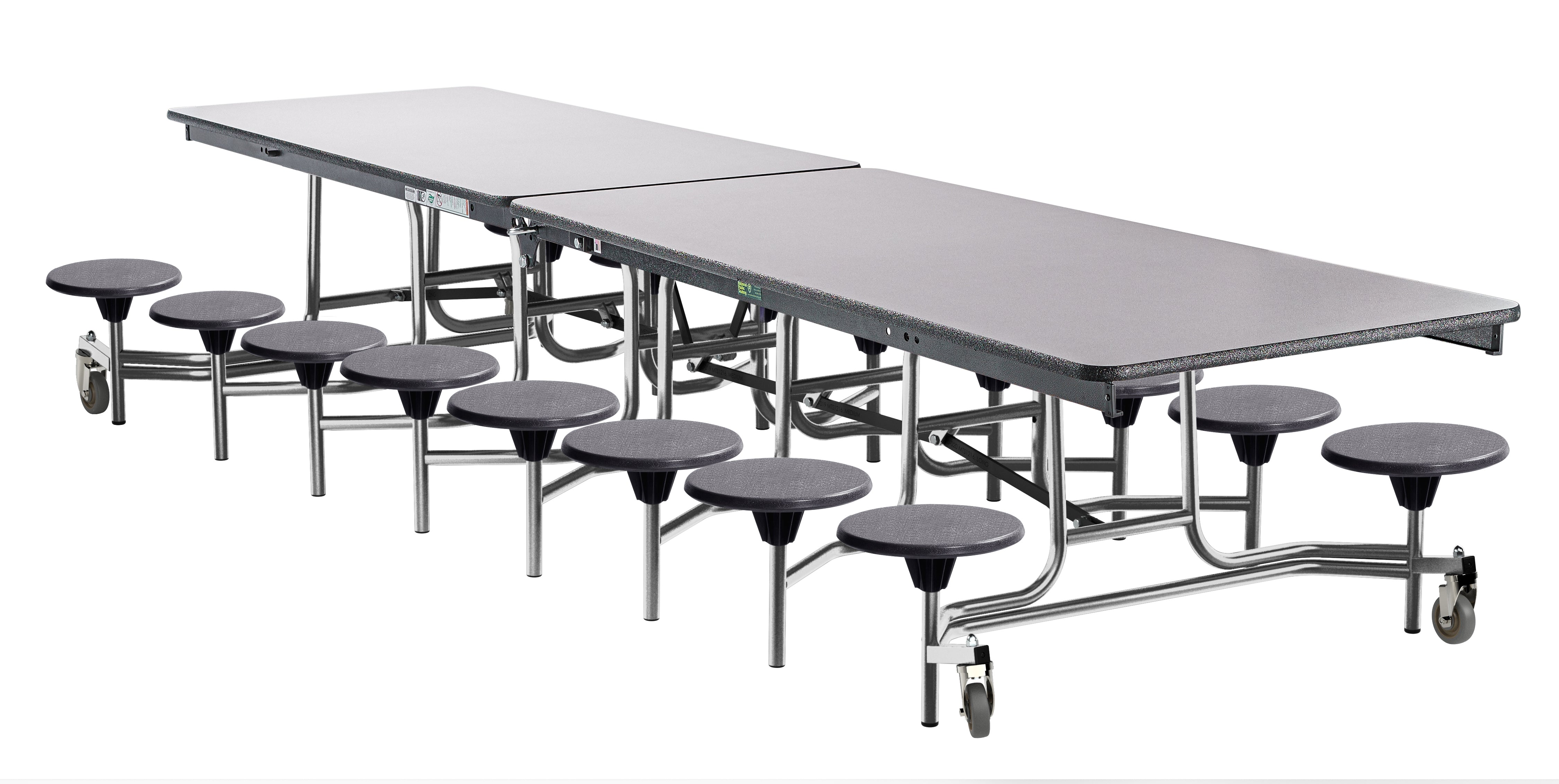 NPS® Mobile Cafeteria Table w/ 16 Stools, 13'L, Plywood Core, Edge Type: Edge Banding, Frame Type:  Chrome (Specify Laminate Tabletop/Seat Color and Height)