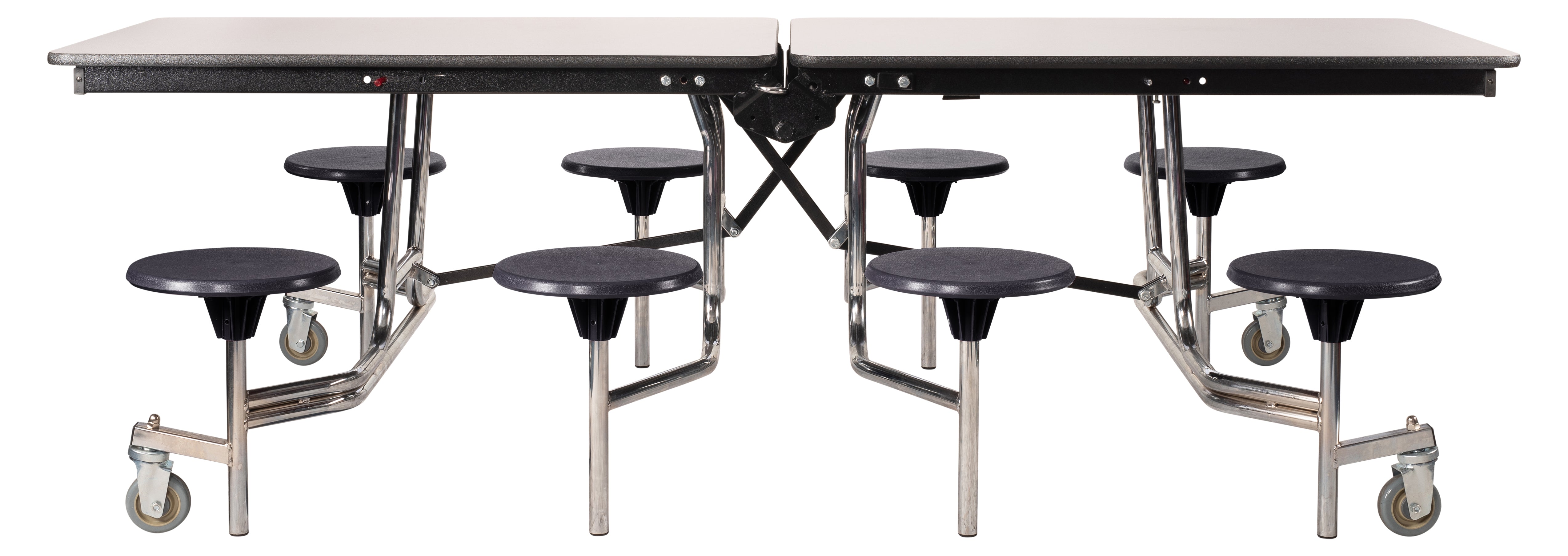 NPS® Mobile Cafeteria Table w/ 8 Stools, 8'L, Particleboard Core, Edge Type: Vinyl T-Mold, Frame Type:  Chrome (Specify Laminate Tabletop/Seat Color and Height)