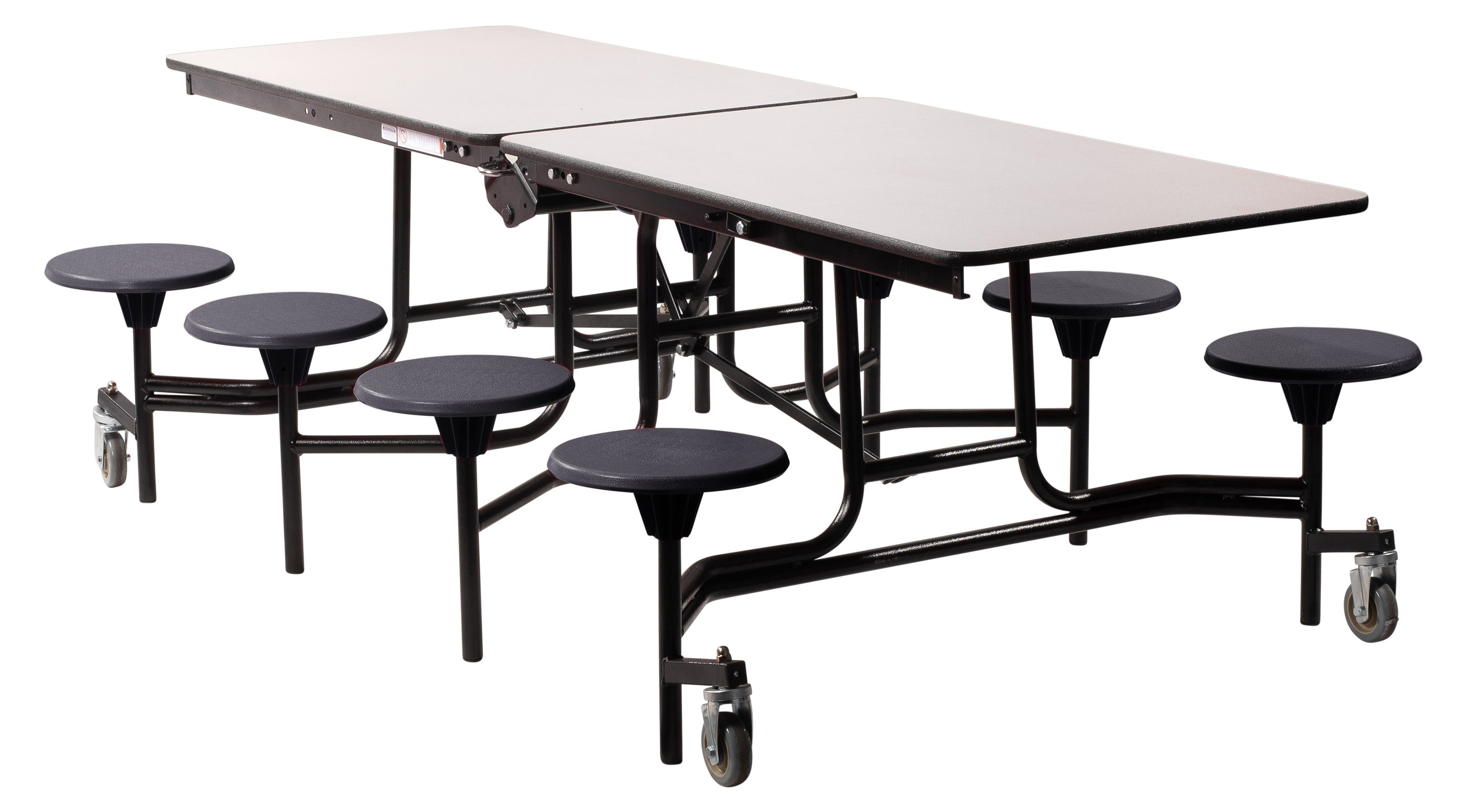 NPS® Mobile Cafeteria Table w/ 8 Stools, 8'L, Plywood Core, Edge Type: Edge Banding, Frame Type: Textured Black (Specify Laminate Tabletop/Seat Color and Height)