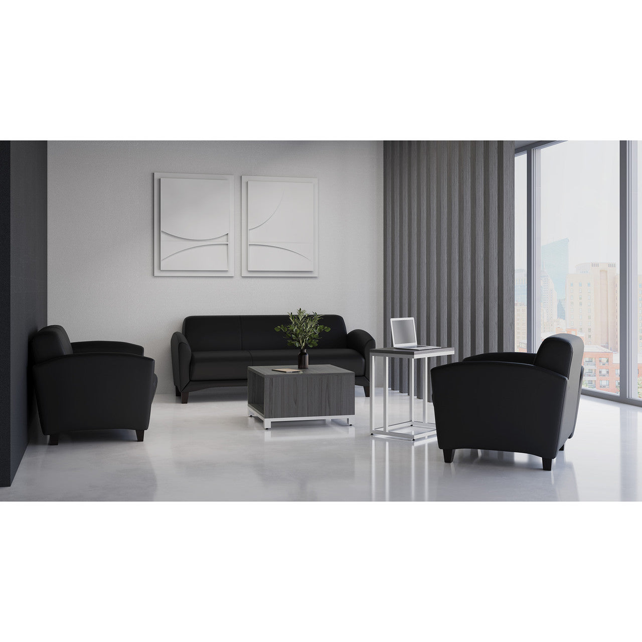 OfficeSource Manhattan Sofa with Black Wood Legs - Black Top Grain Leather