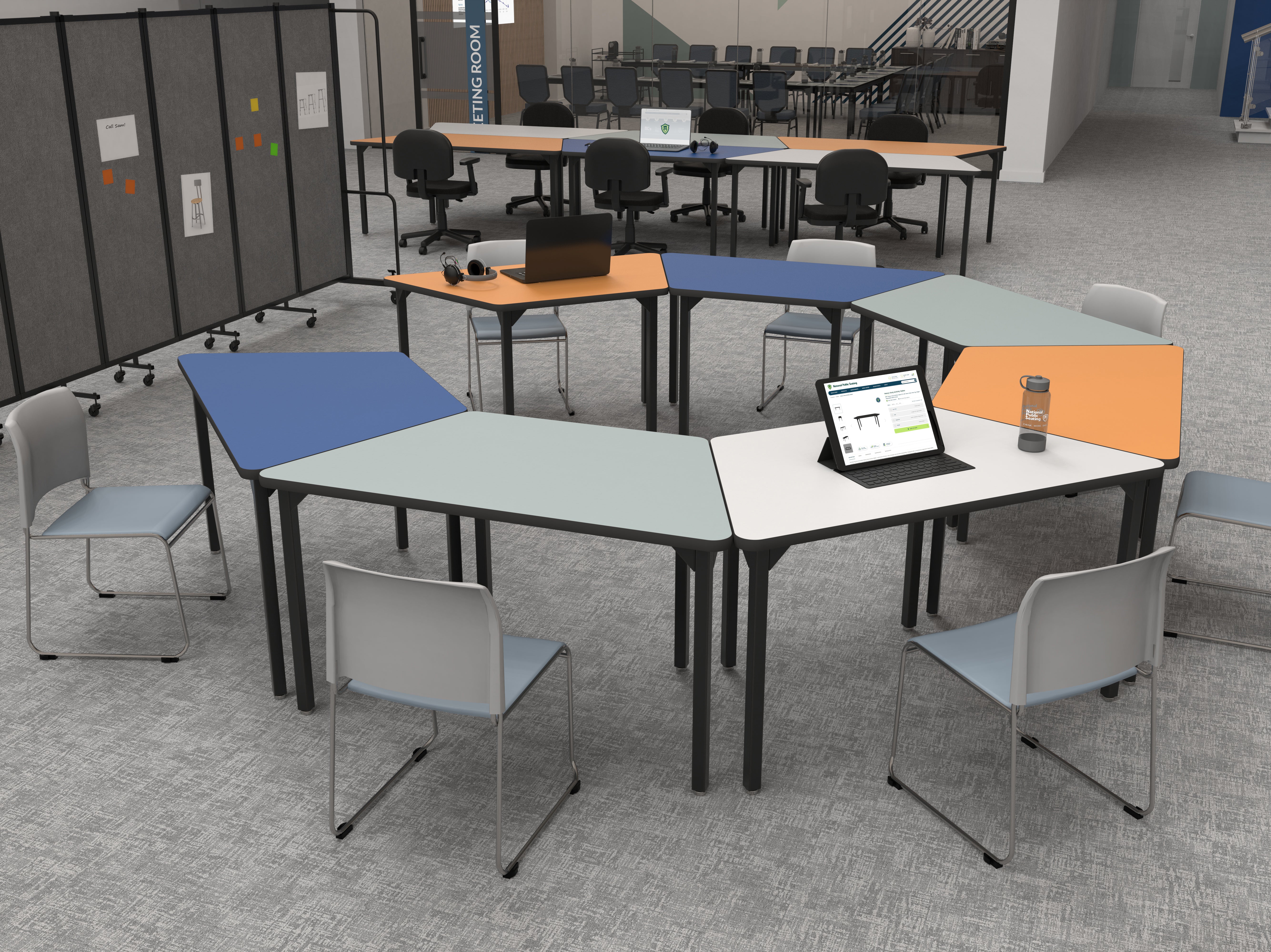 NPS® 8700 Series Cafetorium Plush Vinyl Stack Chair, Surface Color: Blue/Grey Vinyl, Frame Color: Silver