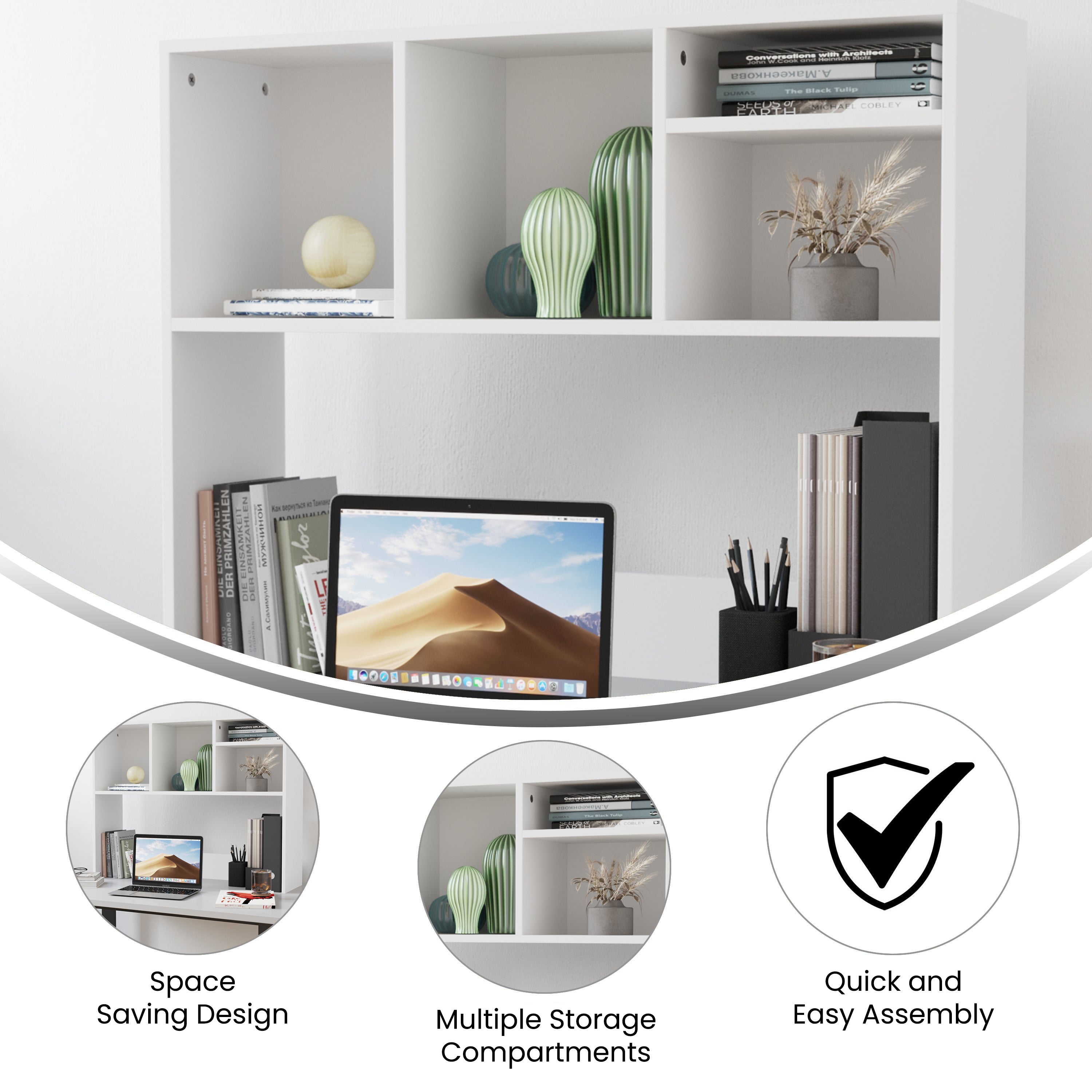 Lotus Desktop Bookshelf Storage Organizer with Multiple Cubbies in White