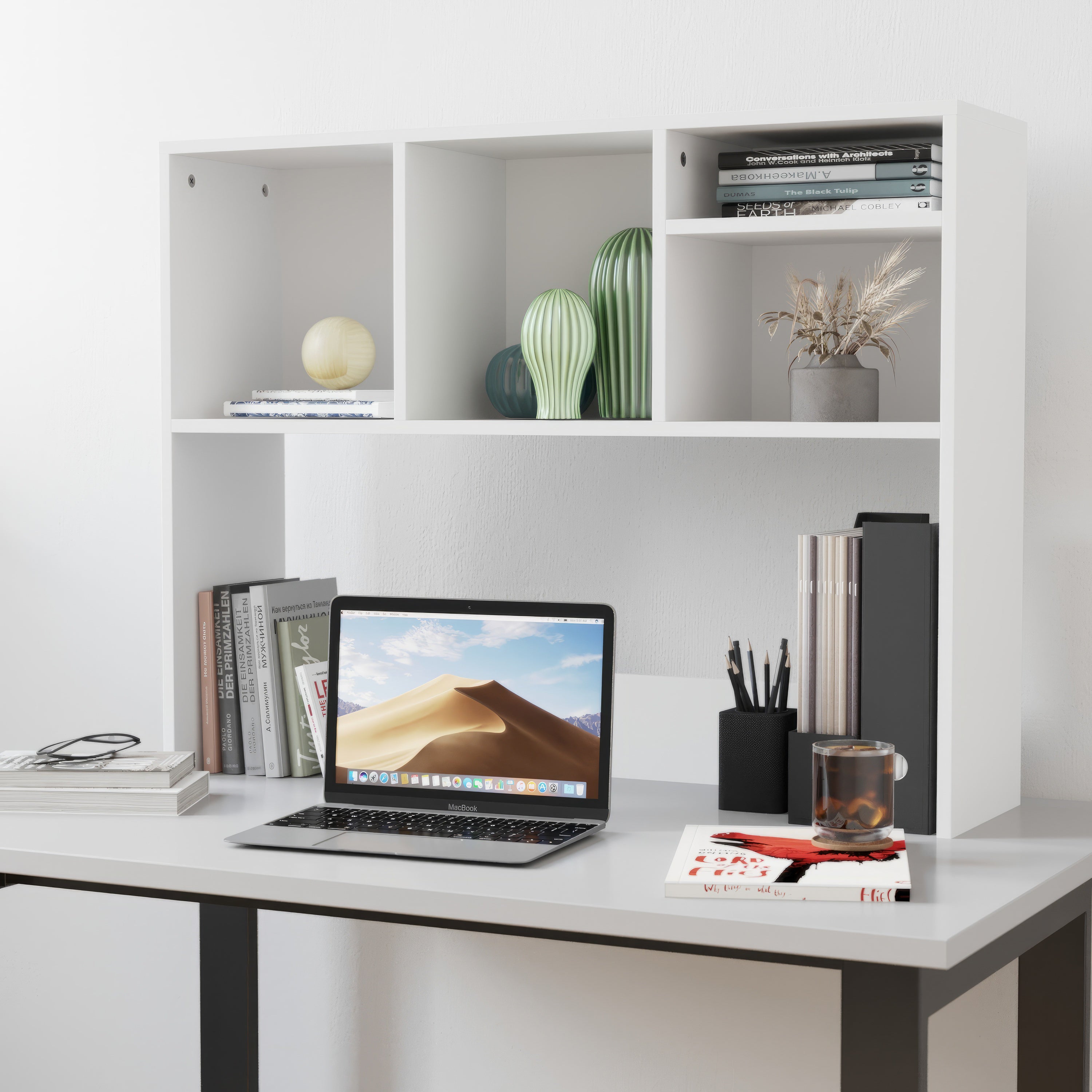 Lotus Desktop Bookshelf Storage Organizer with Multiple Cubbies in White