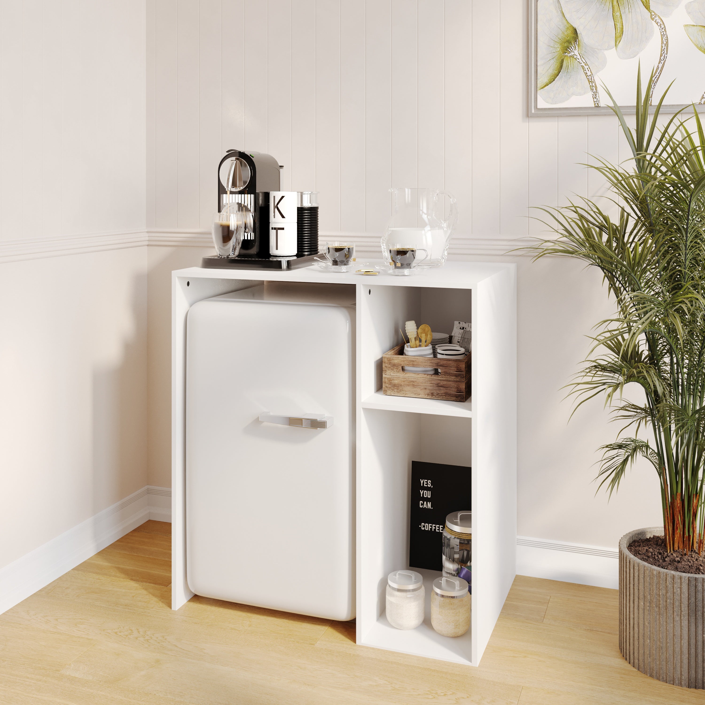 Lotus Mini Fridge Bookshelf Storage Station Organizer with Cubbies in White